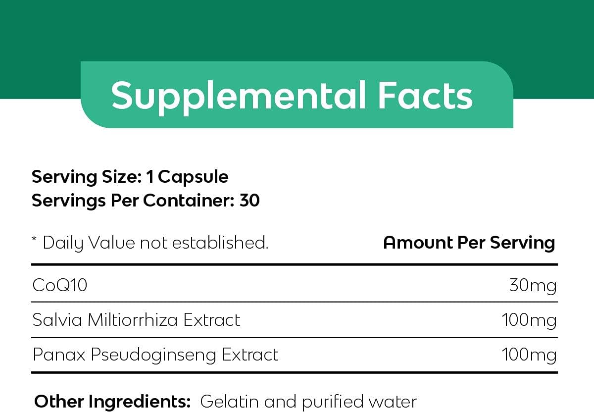 Natural Heart Health Supplement with Coq 10, Salvia Miltiorrhiza, and Panax Pseudoginseng - 30 Capsules
