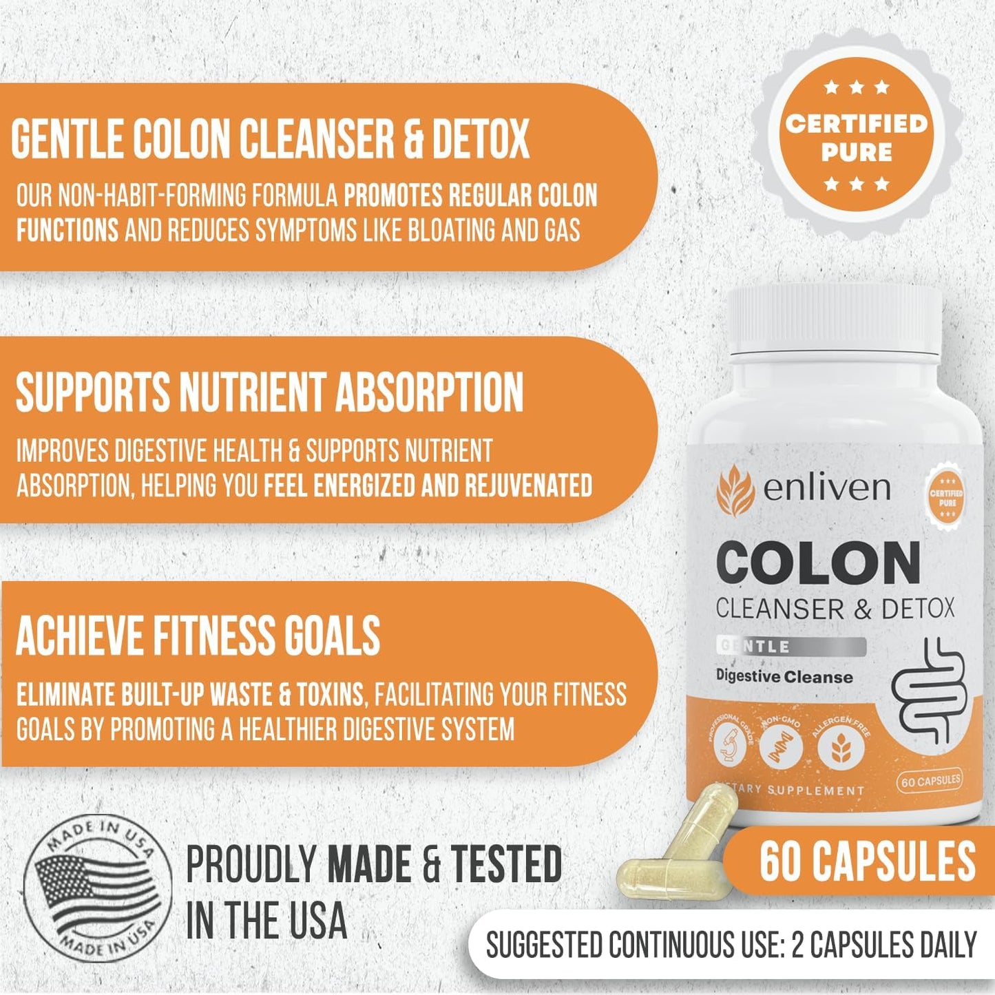 Natural Herb Blend Gentle Colon Cleanse Capsules for Slimming Formula and Digestive Health - 60 ct Made in USA