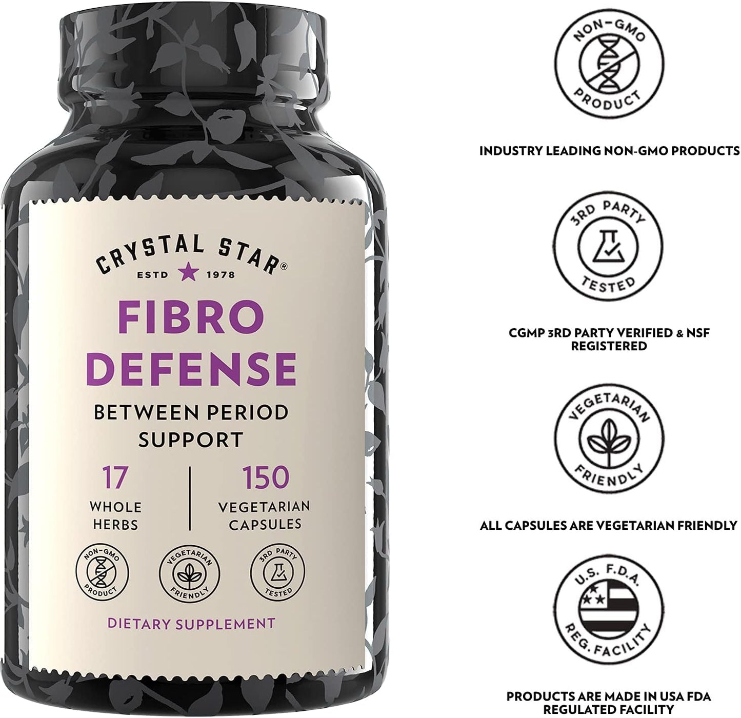 Natural Herbal Supplement for Breast & Uterine Health - Crystal Star Fibro Defense Capsules - 150 Count - Vegetarian & Non GMO Formula for Women
