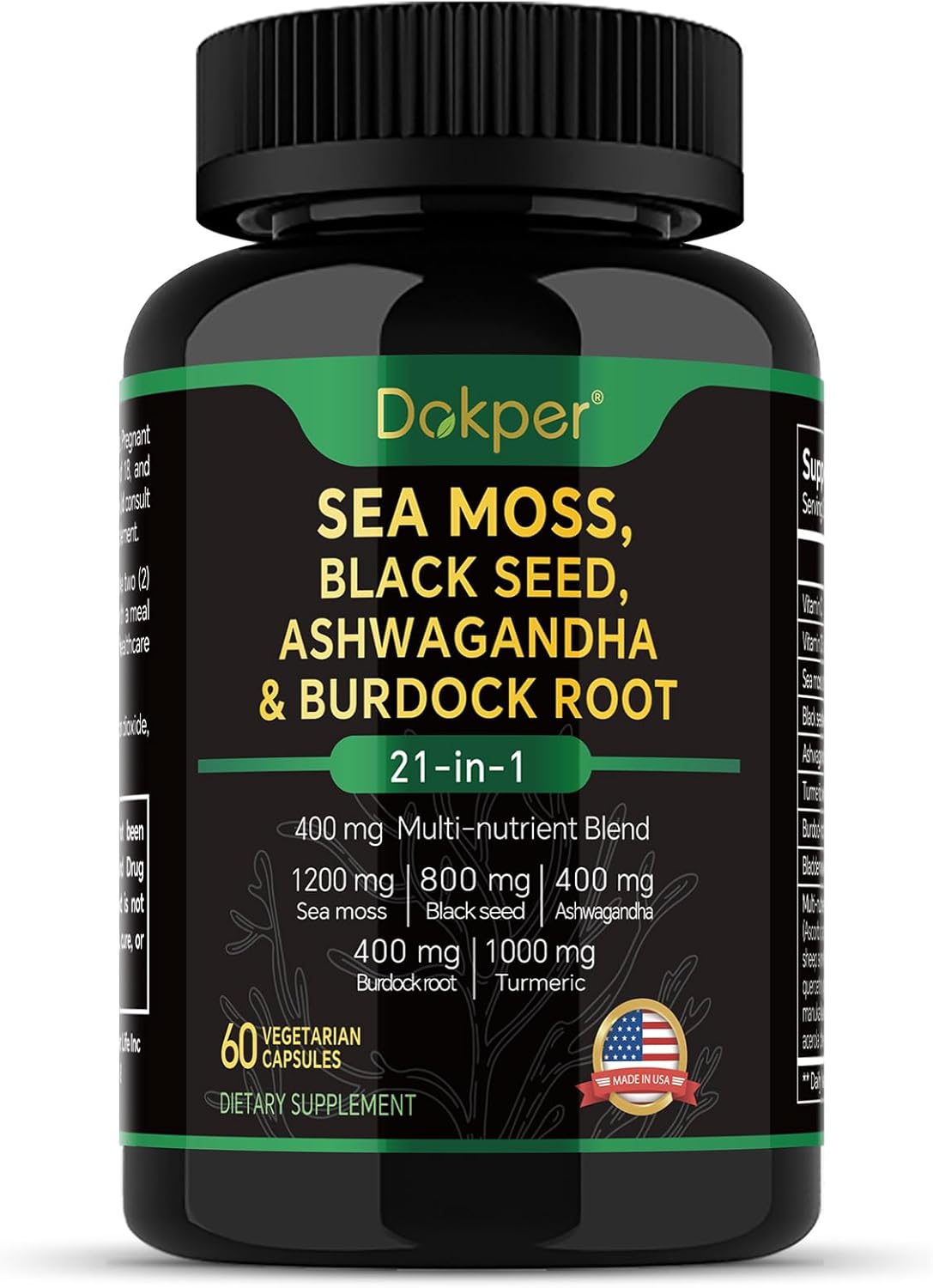 Natural Herbal Supplement with Sea Moss, Ashwagandha, Black Seed Oil, Vitamin C & D3, Turmeric, Bladderwrack, & Burdock Root - 60 Capsules for Men & Women