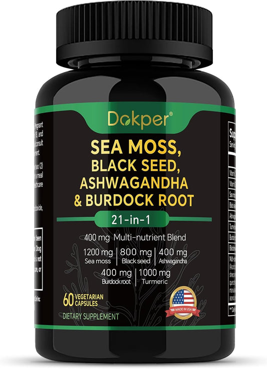 Natural Herbal Supplement with Sea Moss, Ashwagandha, Black Seed Oil, Vitamin C & D3, Turmeric, Bladderwrack, & Burdock Root - 60 Capsules for Men & Women