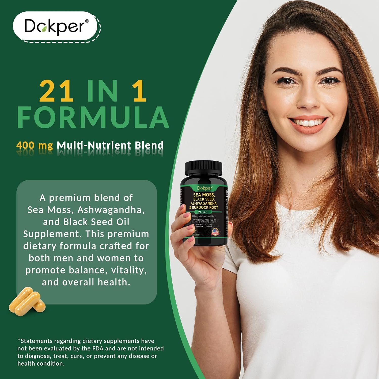 Natural Herbal Supplement with Sea Moss, Ashwagandha, Black Seed Oil, Vitamin C & D3, Turmeric, Bladderwrack, & Burdock Root - 60 Capsules for Men & Women