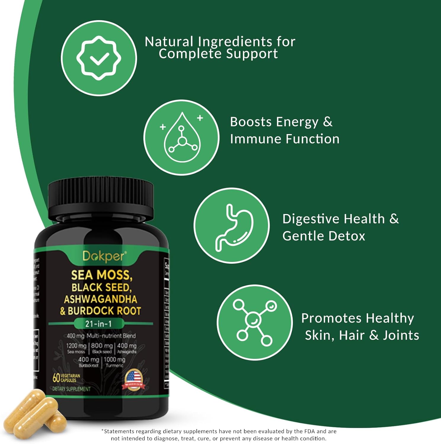 Natural Herbal Supplement with Sea Moss, Ashwagandha, Black Seed Oil, Vitamin C & D3, Turmeric, Bladderwrack, & Burdock Root - 60 Capsules for Men & Women
