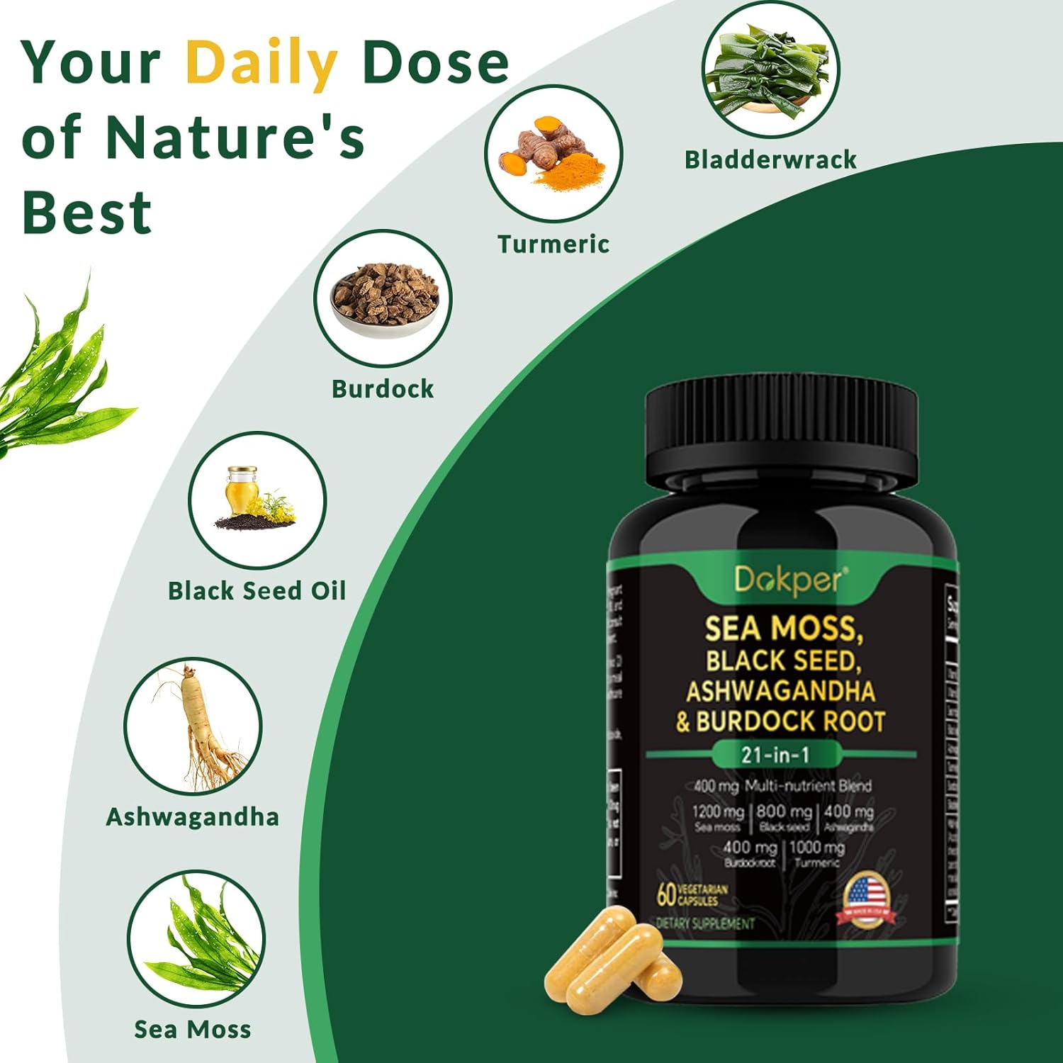 Natural Herbal Supplement with Sea Moss, Ashwagandha, Black Seed Oil, Vitamin C & D3, Turmeric, Bladderwrack, & Burdock Root - 60 Capsules for Men & Women