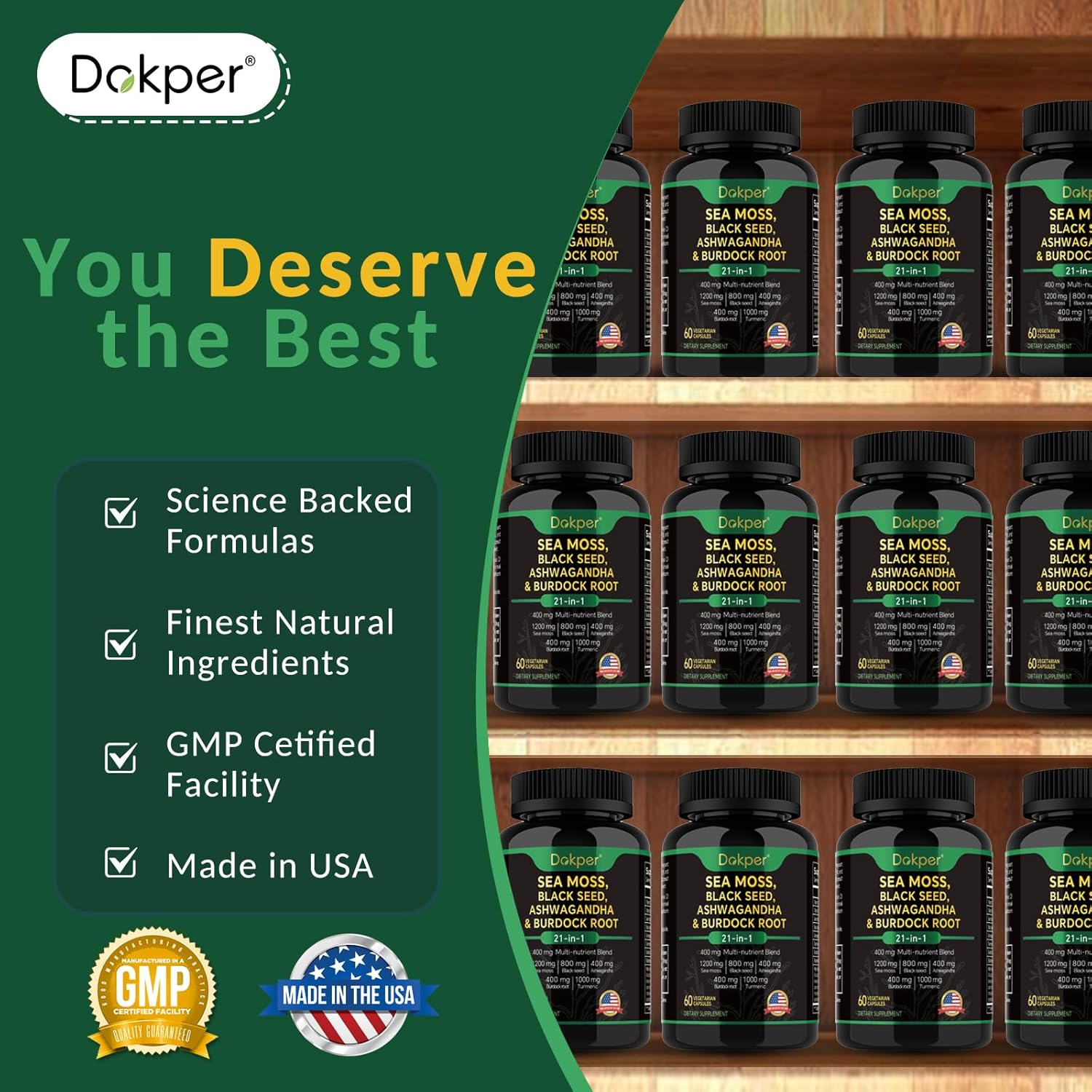 Natural Herbal Supplement with Sea Moss, Ashwagandha, Black Seed Oil, Vitamin C & D3, Turmeric, Bladderwrack, & Burdock Root - 60 Capsules for Men & Women