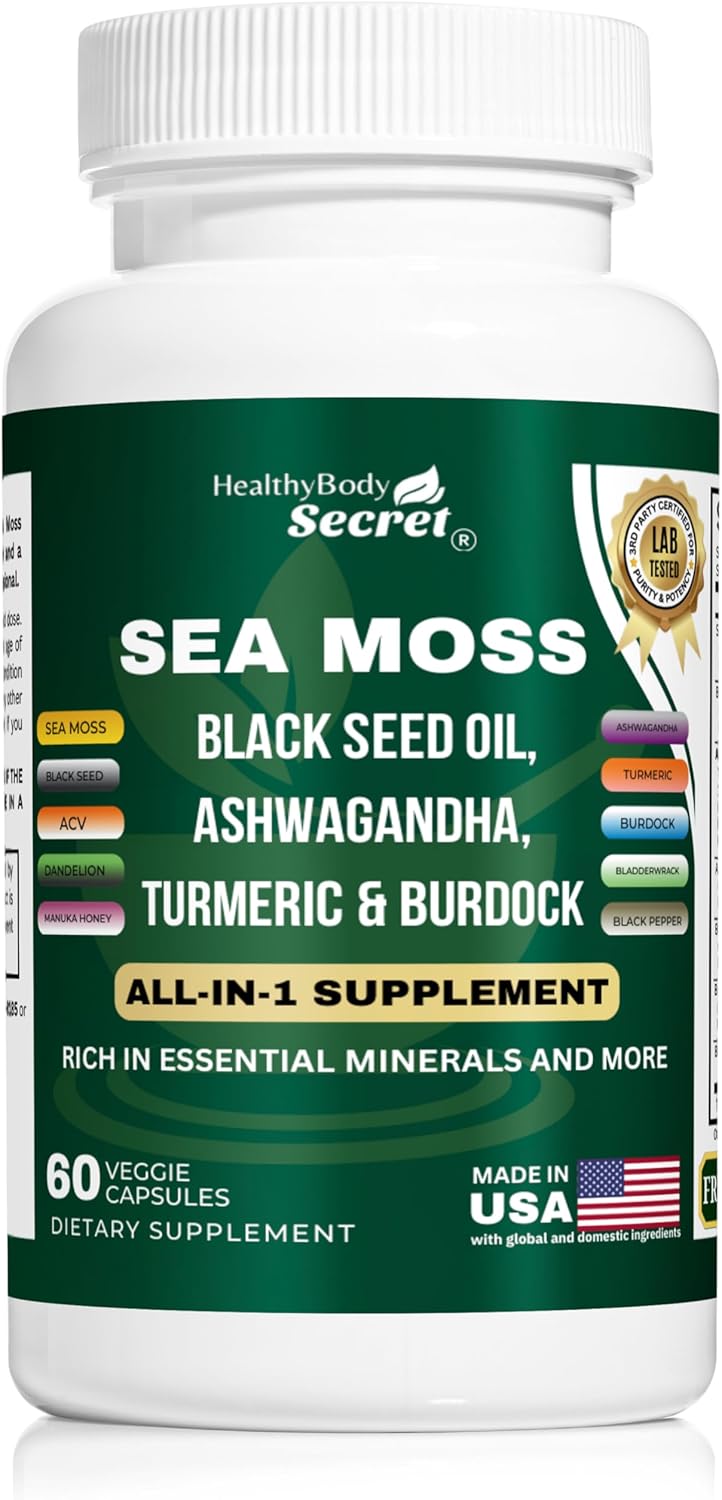 Natural Immune Boosting Supplement with Irish Sea Moss, Black Seed Oil, Ashwagandha, Turmeric, Bladderwrack, Burdock Root, Dandelion, and ACV -  Made in USA, Non-GMO, Gluten-Free, Vegan Capsules