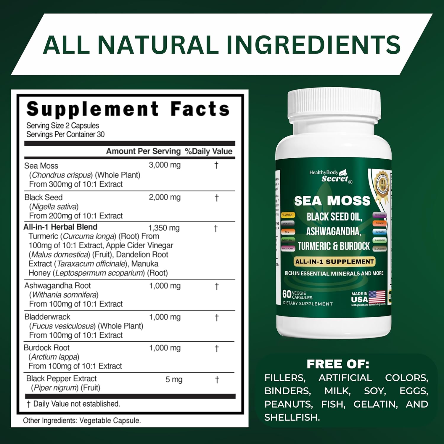 Natural Immune Boosting Supplement with Irish Sea Moss, Black Seed Oil, Ashwagandha, Turmeric, Bladderwrack, Burdock Root, Dandelion, and ACV -  Made in USA, Non-GMO, Gluten-Free, Vegan Capsules