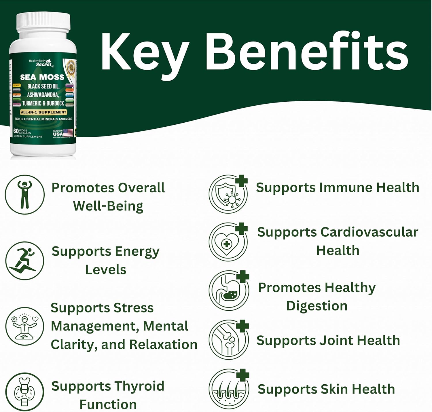 Natural Immune Boosting Supplement with Irish Sea Moss, Black Seed Oil, Ashwagandha, Turmeric, Bladderwrack, Burdock Root, Dandelion, and ACV -  Made in USA, Non-GMO, Gluten-Free, Vegan Capsules