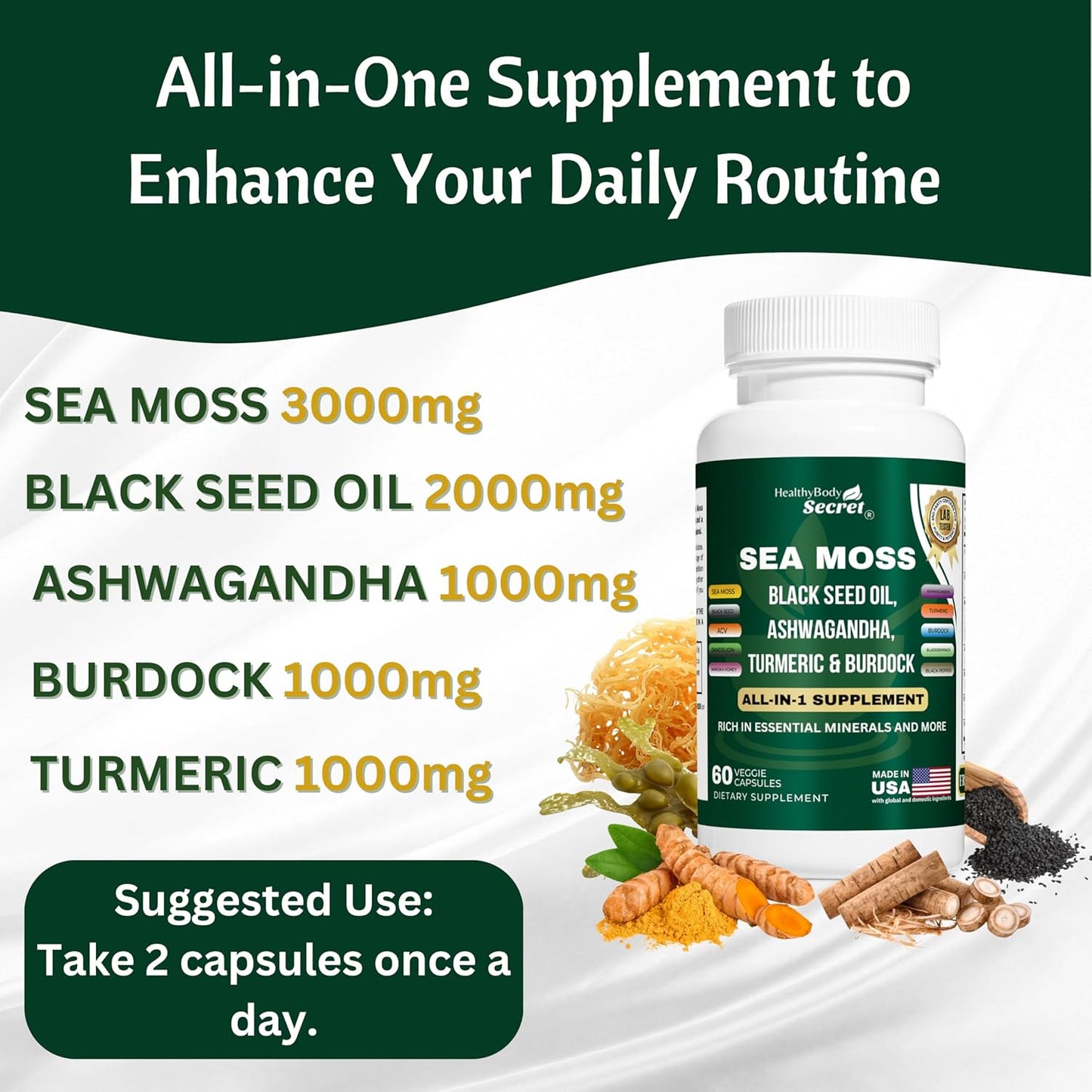 Natural Immune Boosting Supplement with Irish Sea Moss, Black Seed Oil, Ashwagandha, Turmeric, Bladderwrack, Burdock Root, Dandelion, and ACV - Made in USA, Non-GMO, Gluten-Free, Vegan Capsules