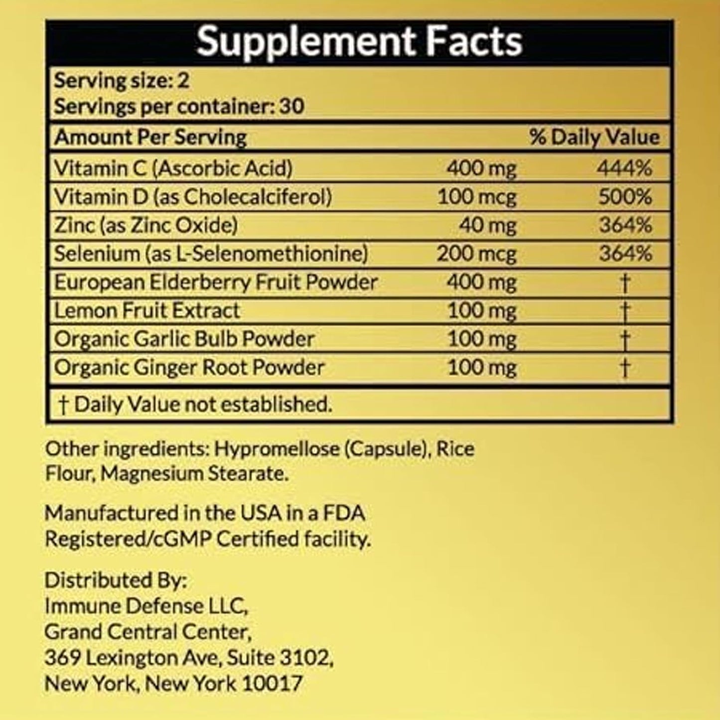 Natural Immune Support Supplement with Vitamin C, D, Elderberry, Garlic, Ginger, Lemon - 60 Capsules