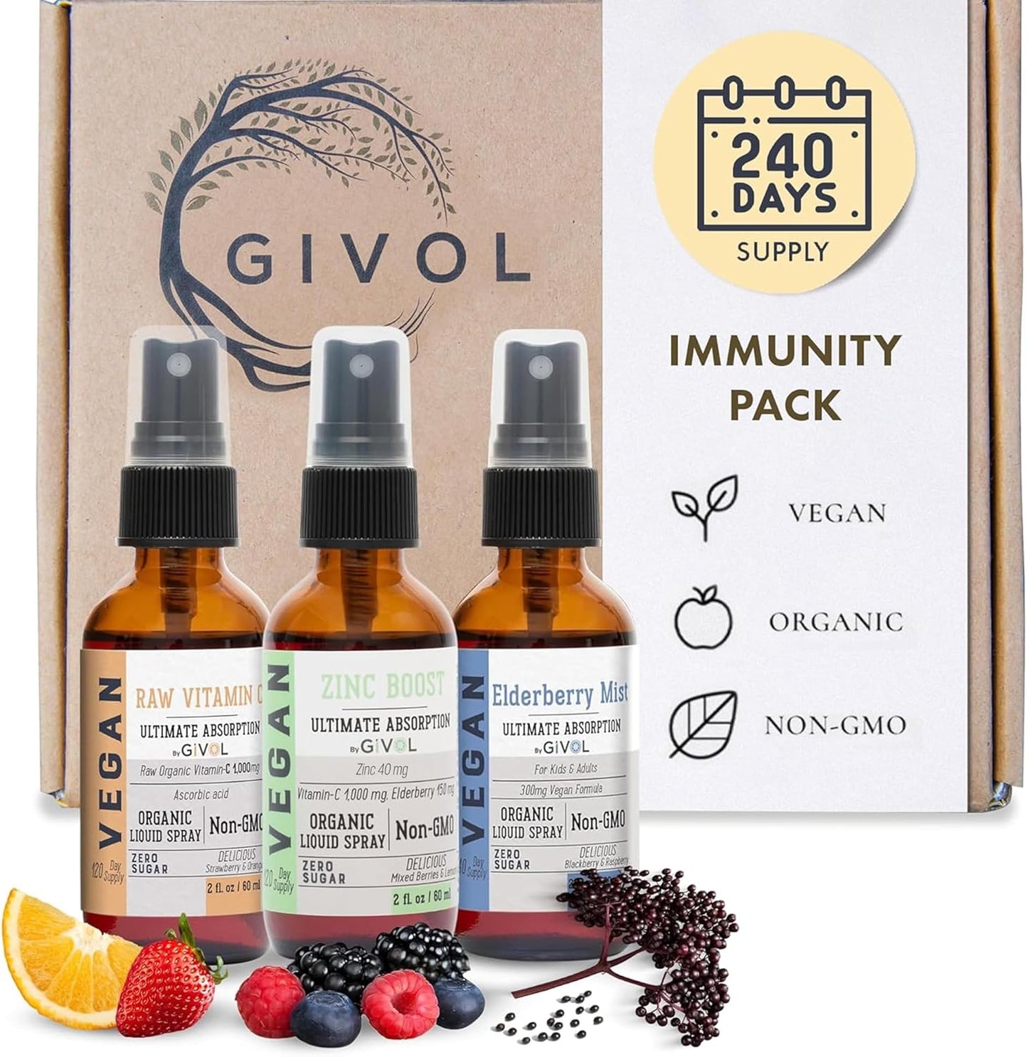 Natural Immune System Support Bundle: GIVOL Immunity Pack Liquid Vitamins - Elderberry, Zinc, Vitamin C Mists - 240 Days Supply