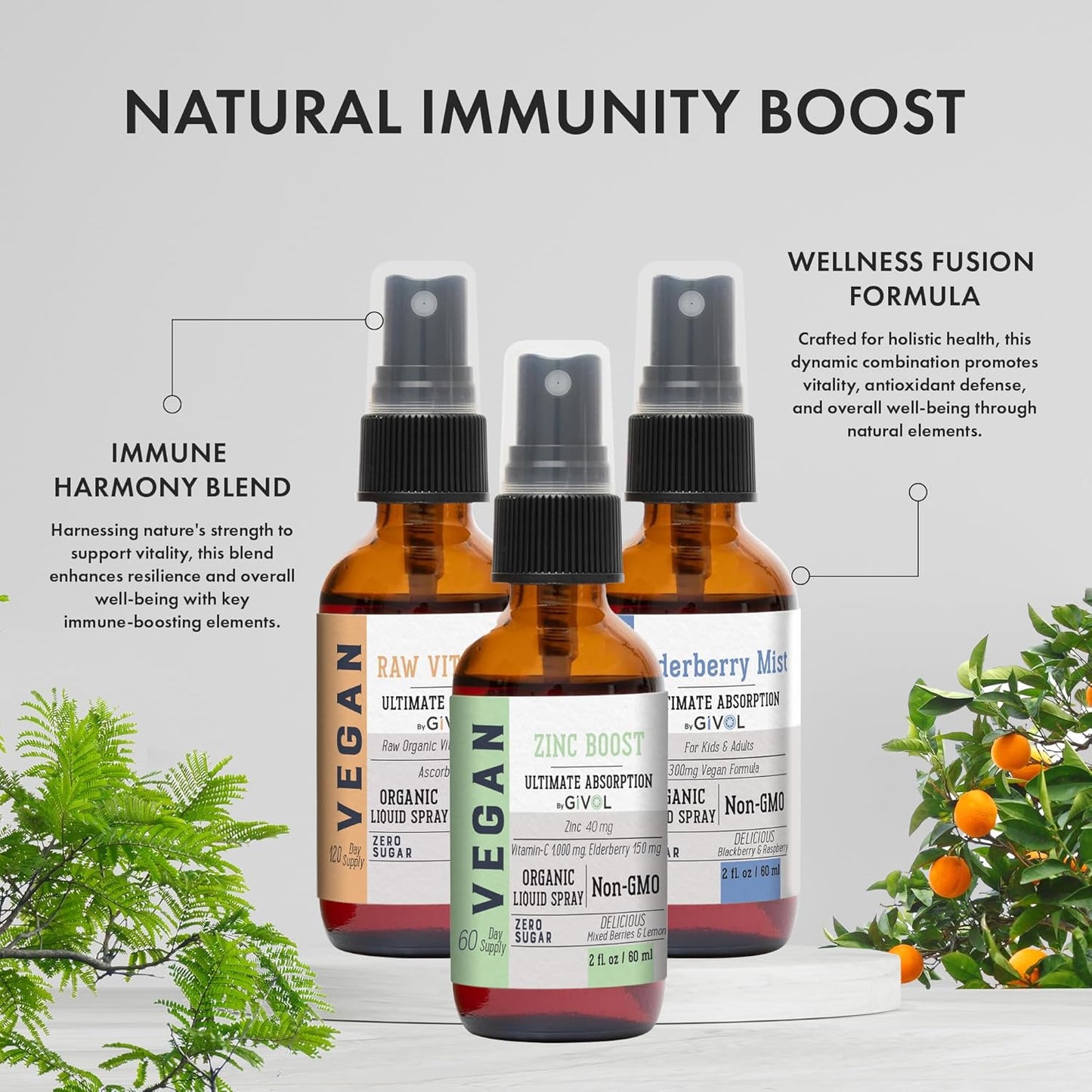 Natural Immune System Support Bundle: GIVOL Immunity Pack Liquid Vitamins - Elderberry, Zinc, Vitamin C Mists - 240 Days Supply