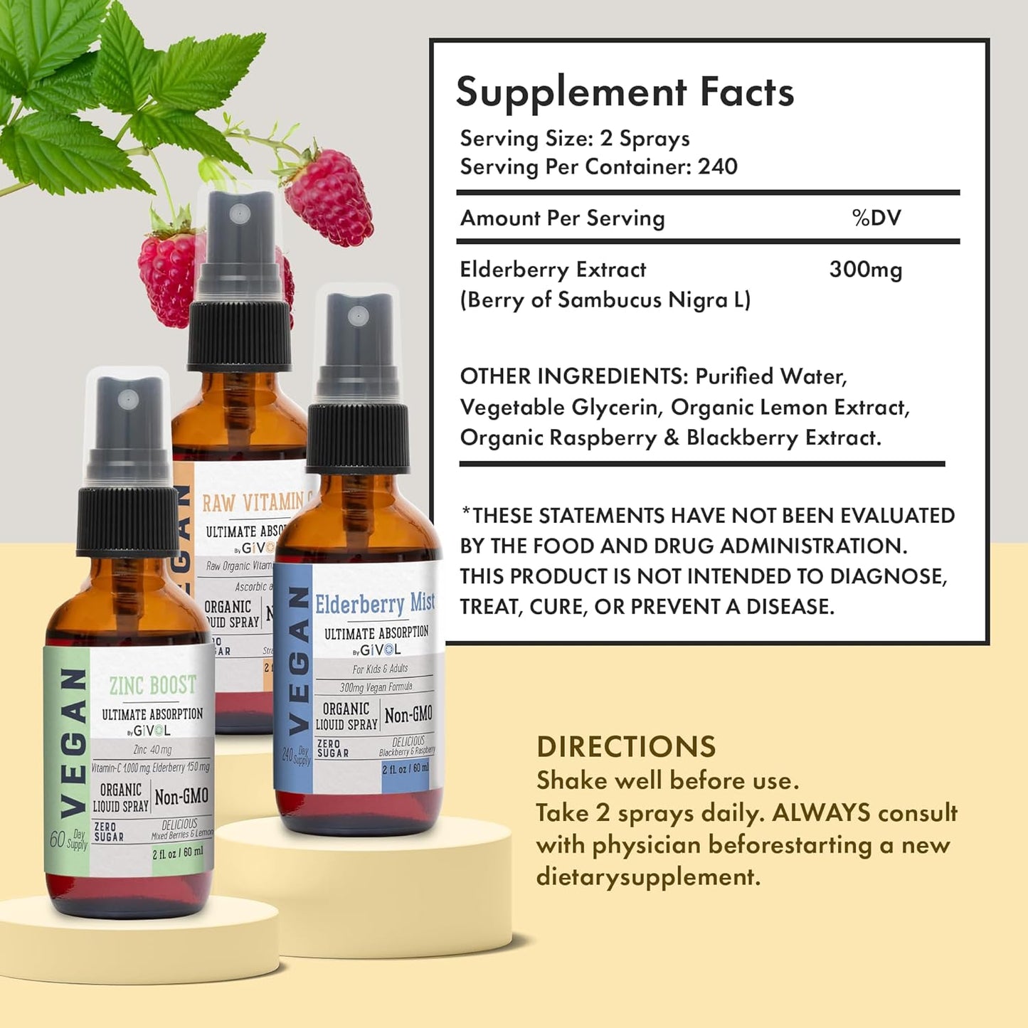 Natural Immune System Support Bundle: GIVOL Immunity Pack Liquid Vitamins - Elderberry, Zinc, Vitamin C Mists - 240 Days Supply