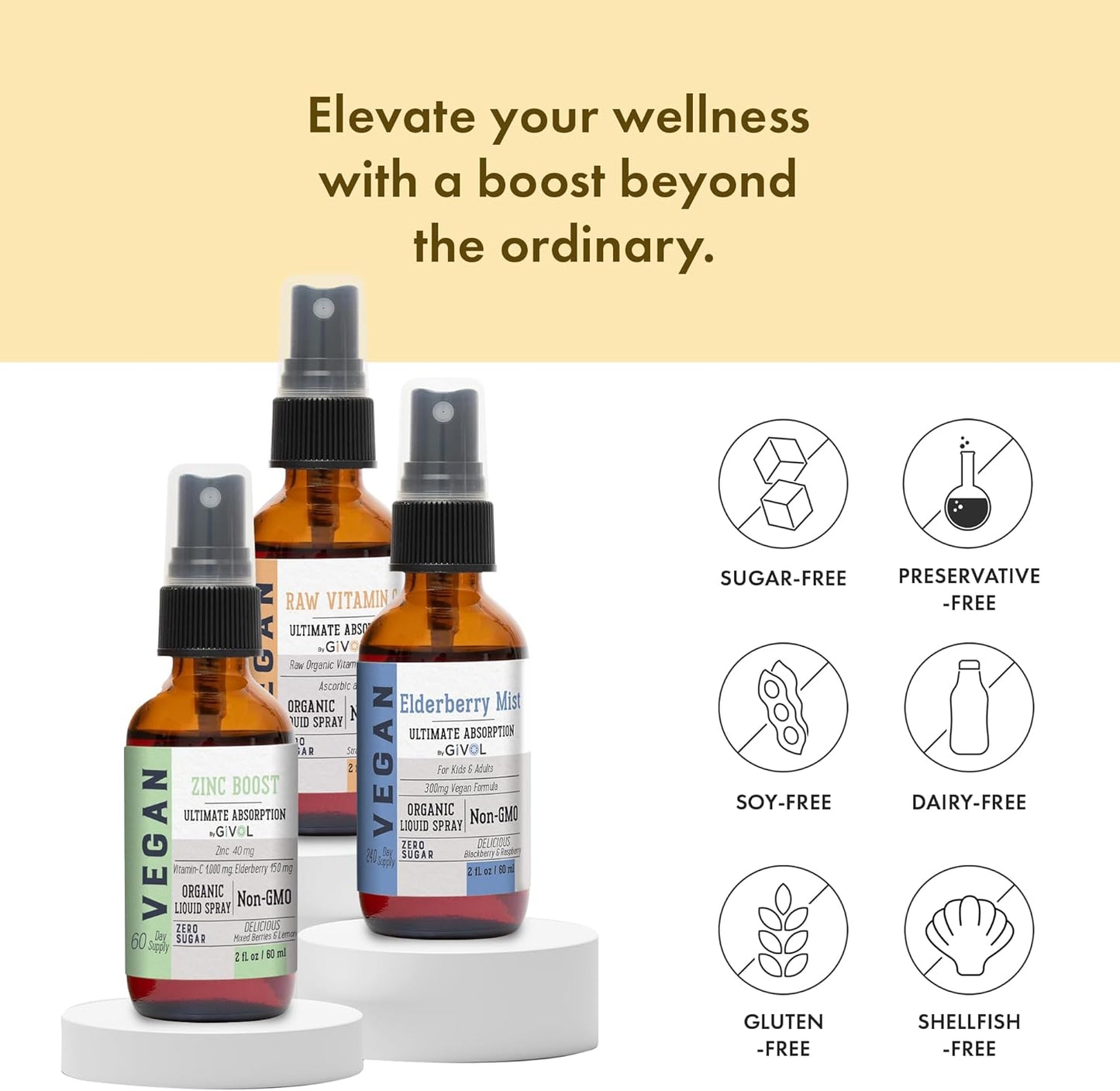 Natural Immune System Support Bundle: GIVOL Immunity Pack Liquid Vitamins - Elderberry, Zinc, Vitamin C Mists - 240 Days Supply