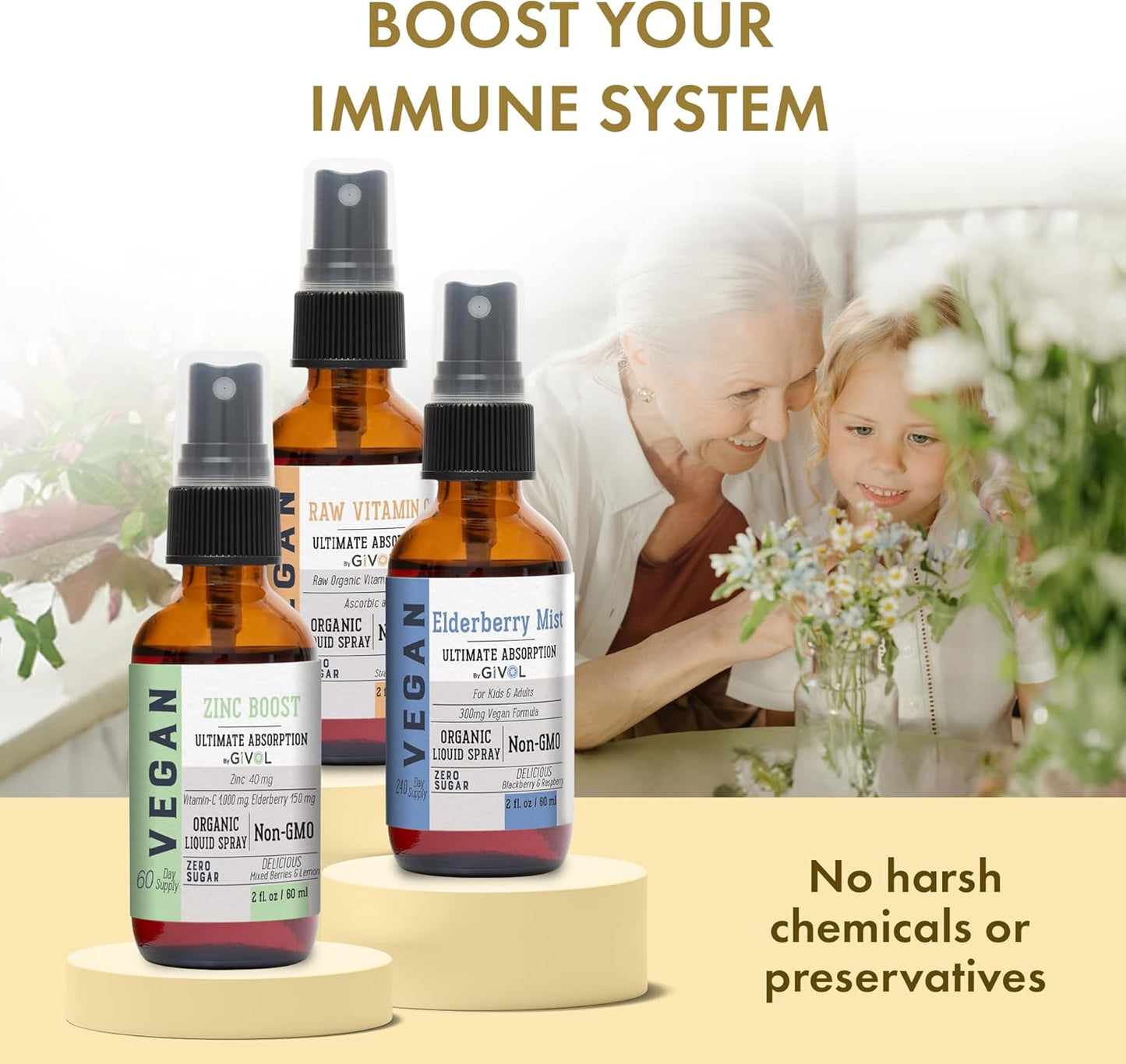 Natural Immune System Support Bundle: GIVOL Immunity Pack Liquid Vitamins - Elderberry, Zinc, Vitamin C Mists - 240 Days Supply