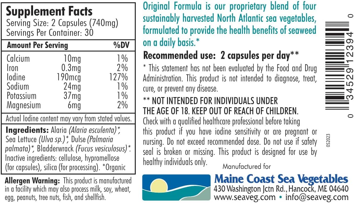 Natural Iodine Supplement - Maine Coast Sea Vegetables Seaweed Support Original Formula - 60 Capsules