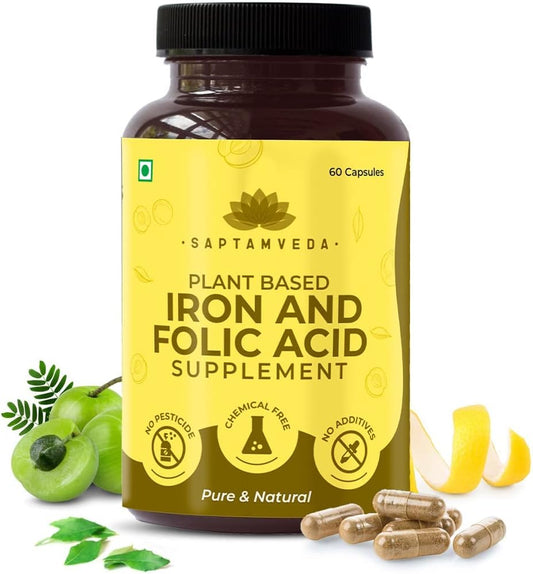 Natural Iron and Folic Acid Supplement with Vitamin C - 60 Vegetarian Capsules