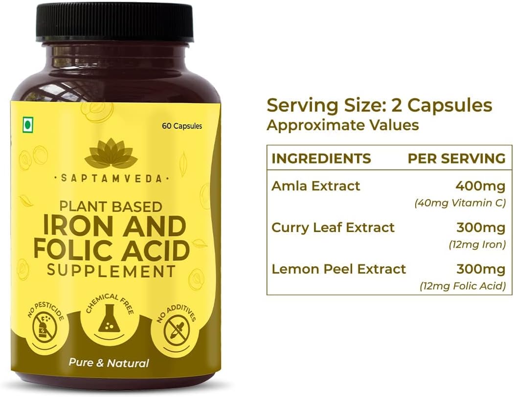Natural Iron and Folic Acid Supplement with Vitamin C - 60 Vegetarian Capsules