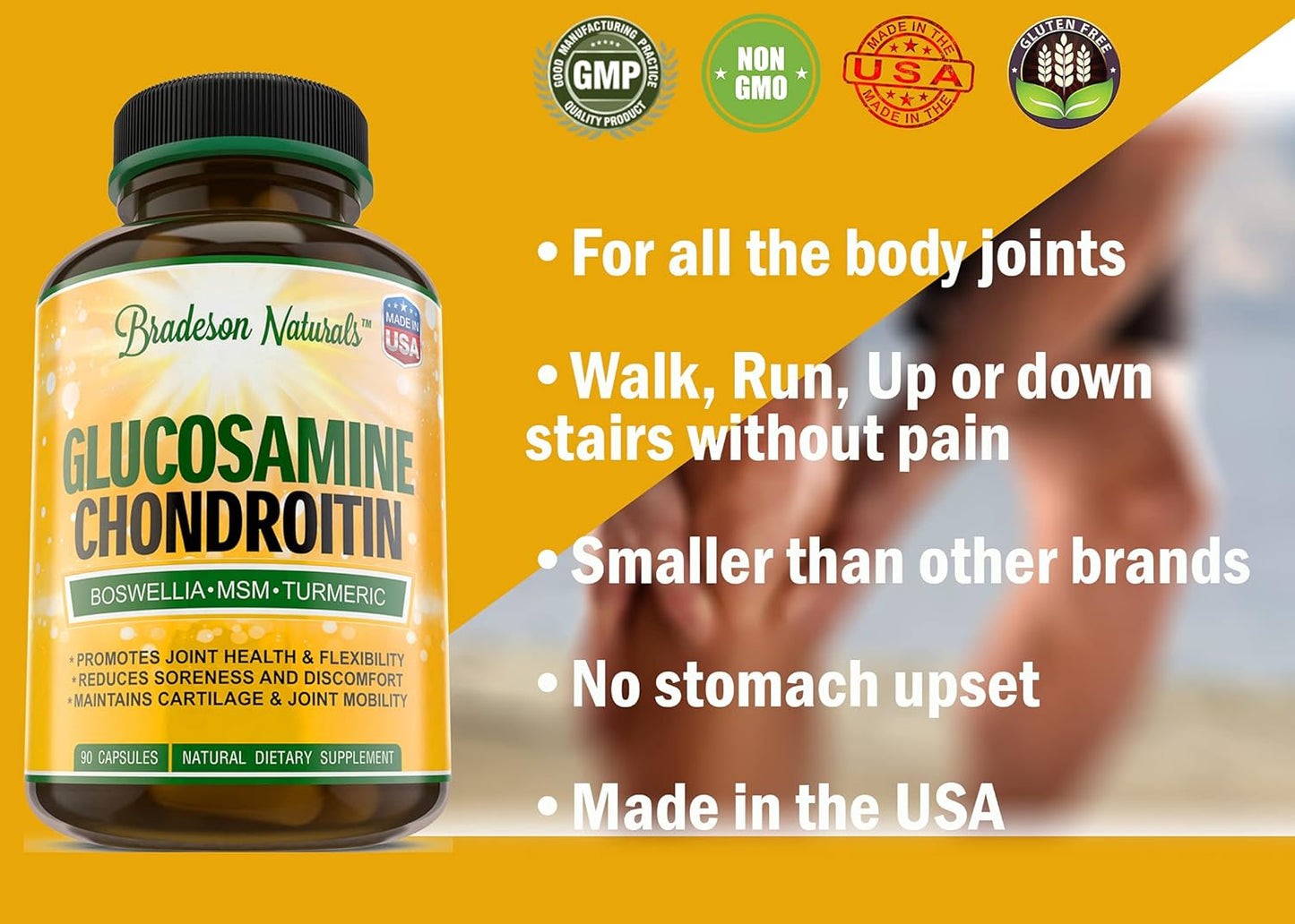 Natural Joint Health Supplement with Glucosamine, Chondroitin, Turmeric, MSM, Boswellia, Bromelain & Quercetin - 90 Capsules - Made in USA