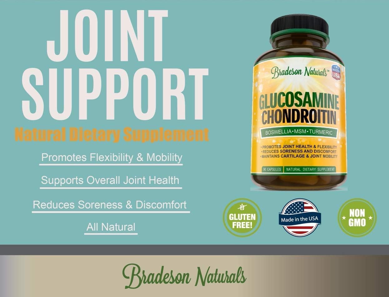 Natural Joint Health Supplement with Glucosamine, Chondroitin, Turmeric, MSM, Boswellia, Bromelain & Quercetin - 90 Capsules - Made in USA