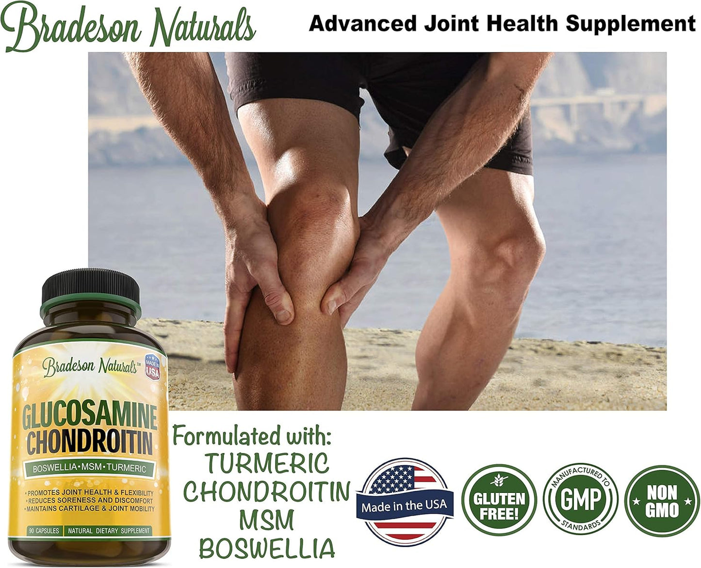Natural Joint Health Supplement with Glucosamine, Chondroitin, Turmeric, MSM, Boswellia, Bromelain & Quercetin - 90 Capsules - Made in USA