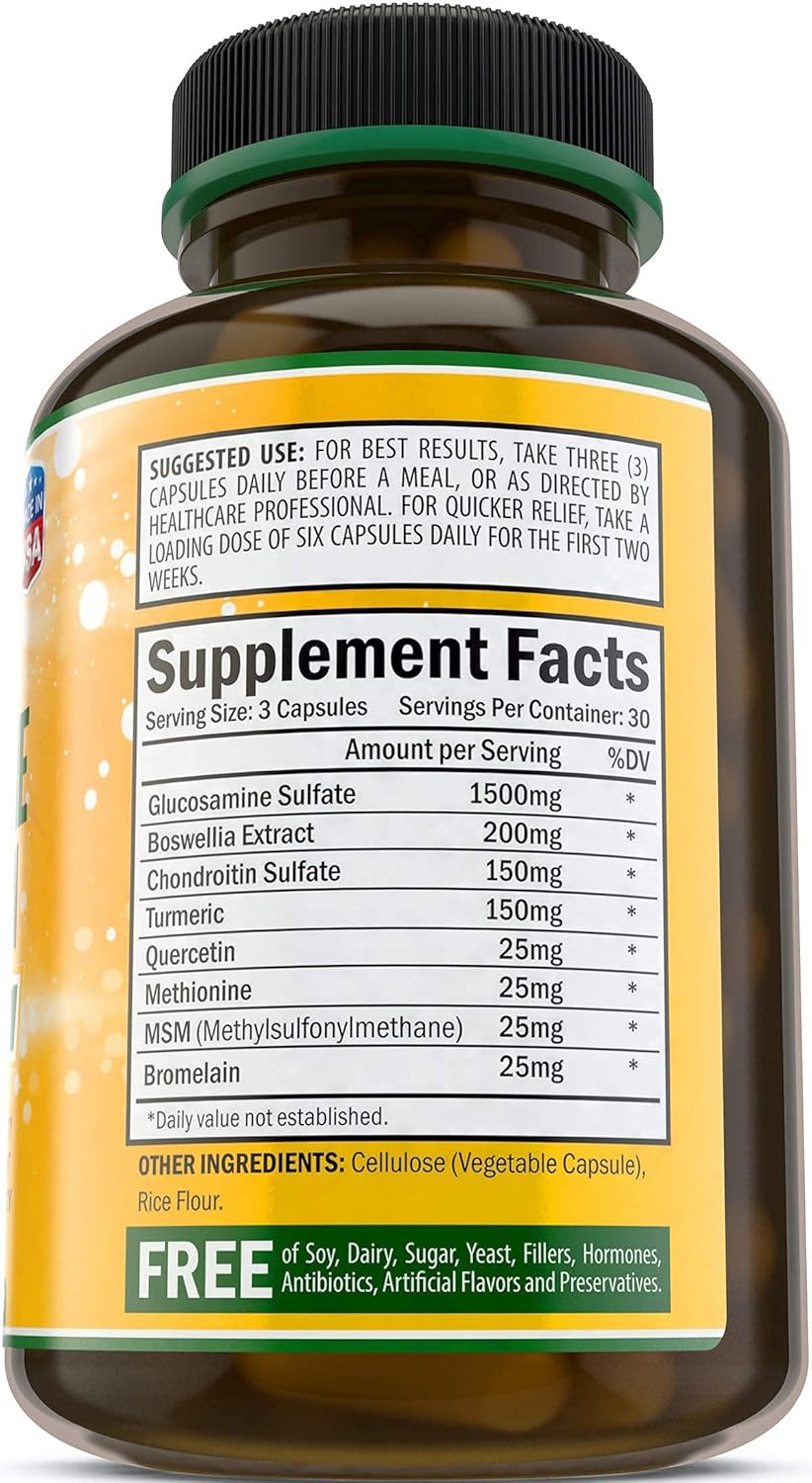 Natural Joint Health Supplement with Glucosamine, Chondroitin, Turmeric, MSM, Boswellia, Bromelain & Quercetin - 90 Capsules - Made in USA