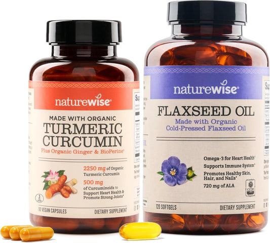 Natural Joint, Heart & Immune Support Softgels with Curcumin Turmeric & Flaxseed Oil - 2250mg & 1200mg Omega 3 6 9 - 1 & 2 Month Supply