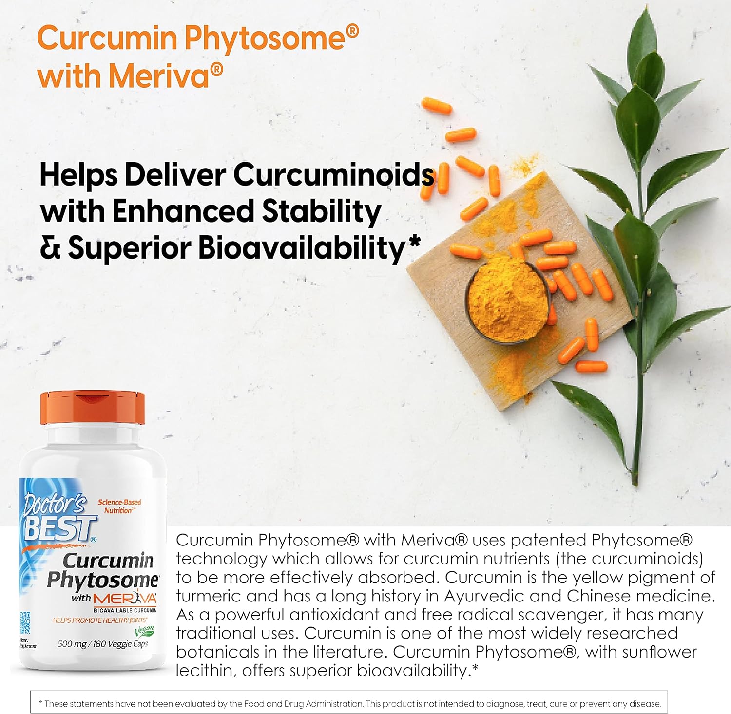 Natural Joint Support Supplement - Doctor's Best Curcumin Phytosome with Meriva, 500 mg 180 Veggie Caps, Non-GMO, Vegan, Gluten & Soy Free