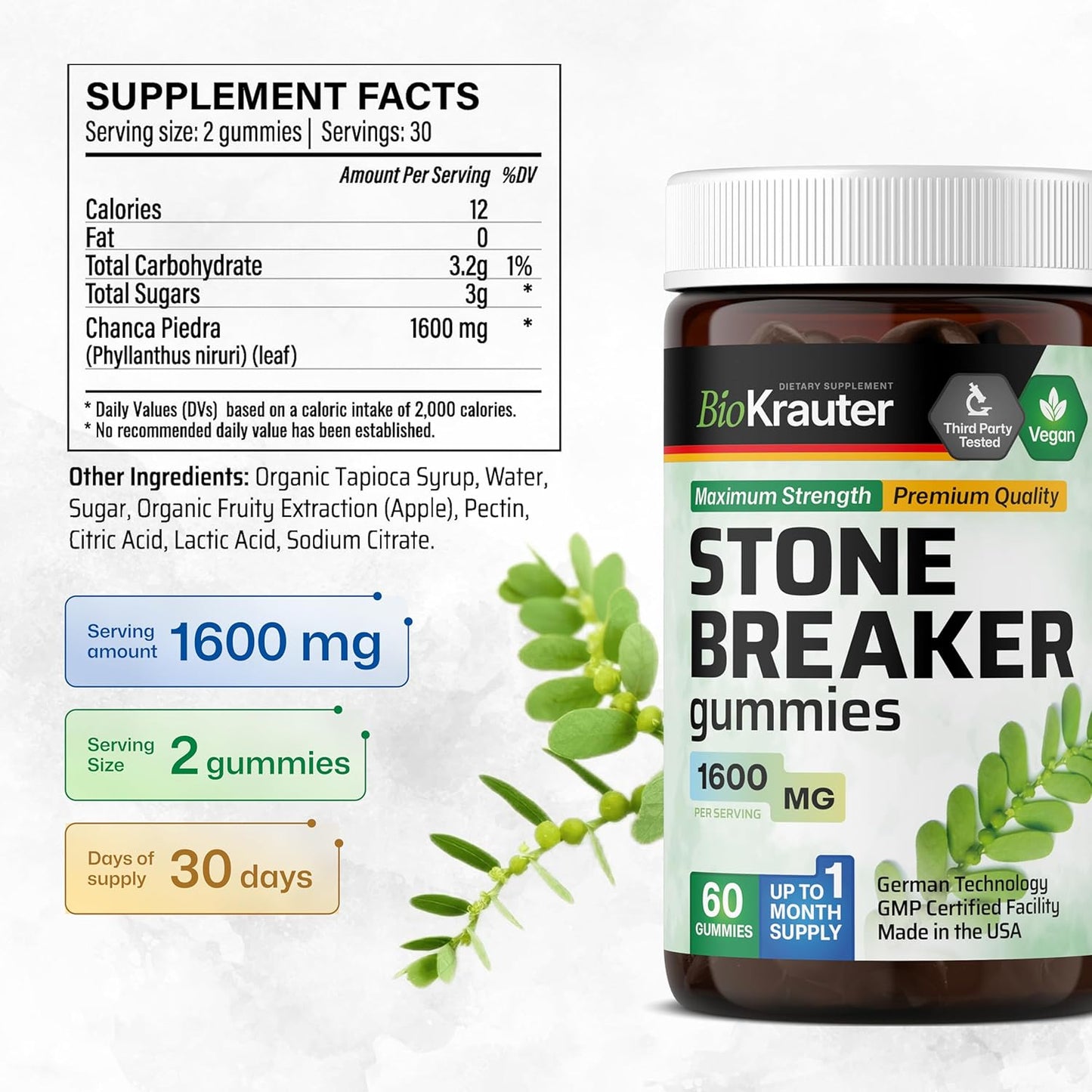 Natural Kidney & Gallbladder Cleanse Gummies - 1600mg Strength - 60 Vegan Chews - BIO KRAUTER Chanca Piedra Stone Breaker Supplement