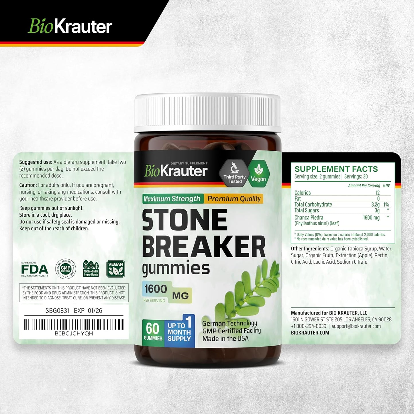 Natural Kidney & Gallbladder Cleanse Gummies - 1600mg Strength - 60 Vegan Chews - BIO KRAUTER Chanca Piedra Stone Breaker Supplement