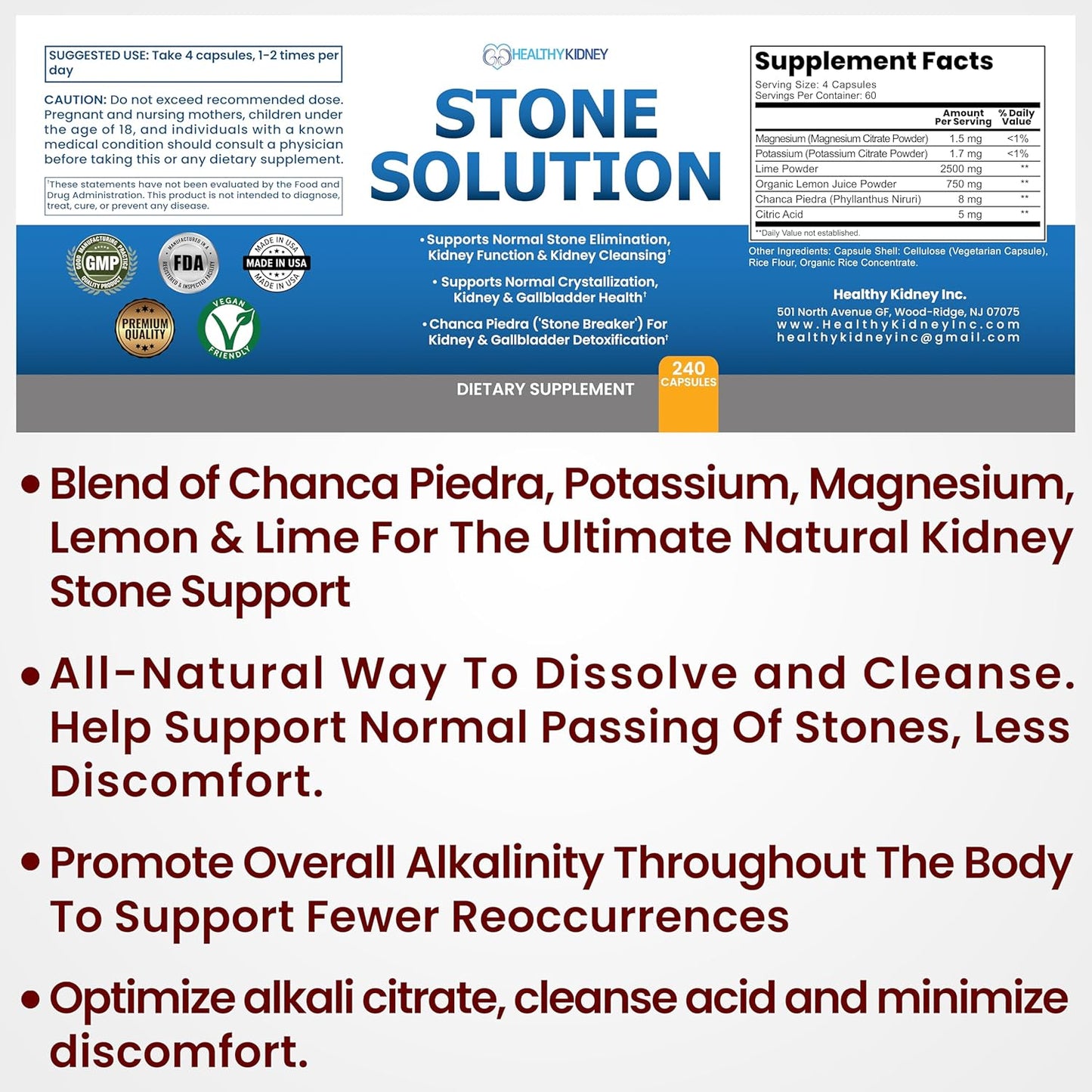 Natural Kidney Stone Dissolver Capsules with Sodium Bicarbonate - Kidney Support & Cleanser, 120 Pills, 60 Servings