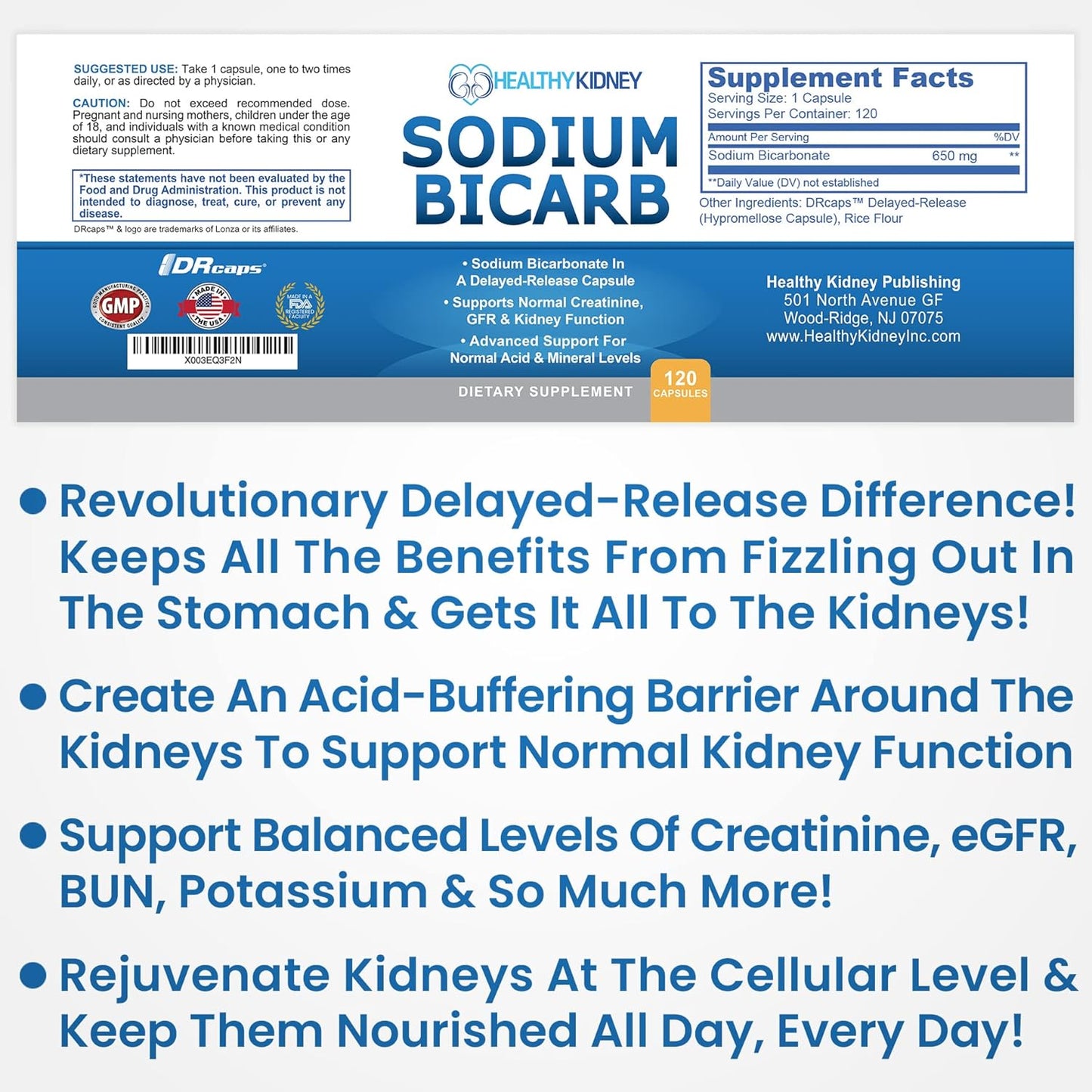 Natural Kidney Stone Dissolver Capsules with Sodium Bicarbonate - Kidney Support & Cleanser, 120 Pills, 60 Servings