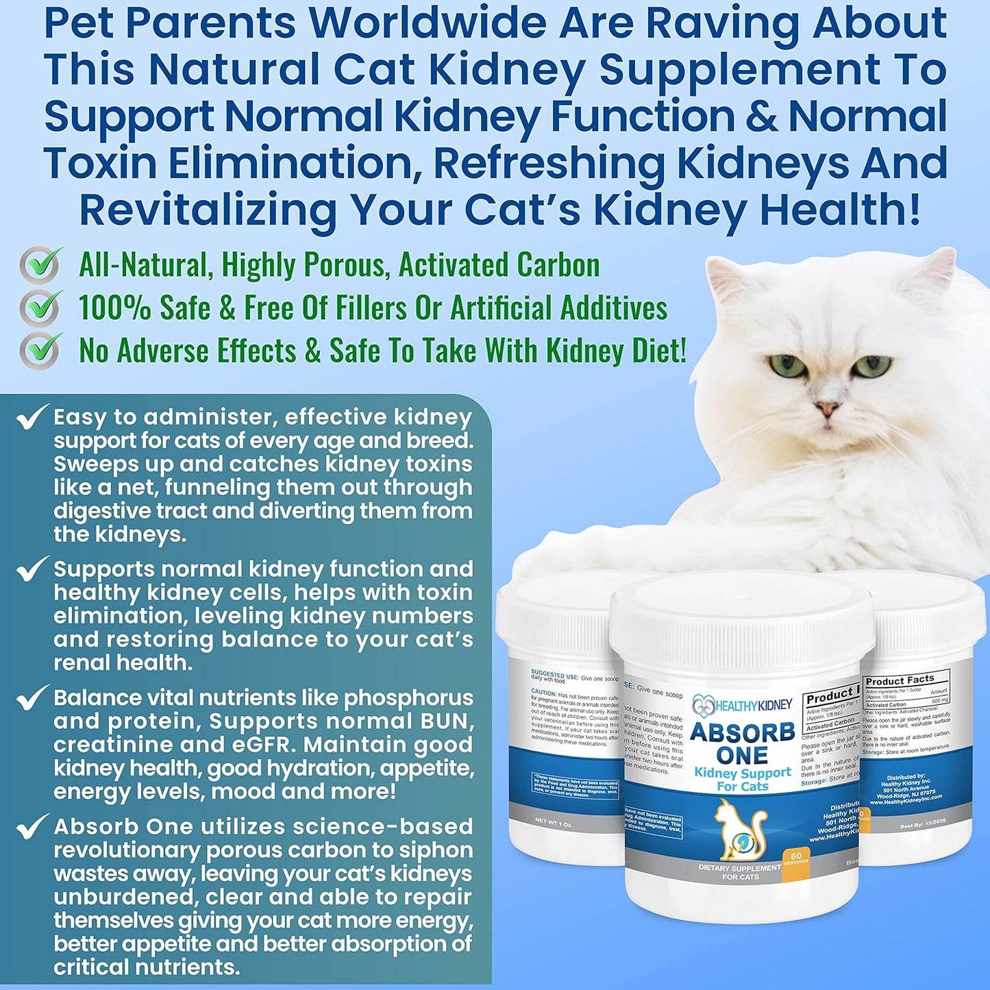 Natural Kidney Support Supplement for Cats - Vet-Formulated Feline Kidney Cleanse for Normal Kidney Function. Compatible with Any Cat Diet. 60 Servings of 1/8 TSP per Day.