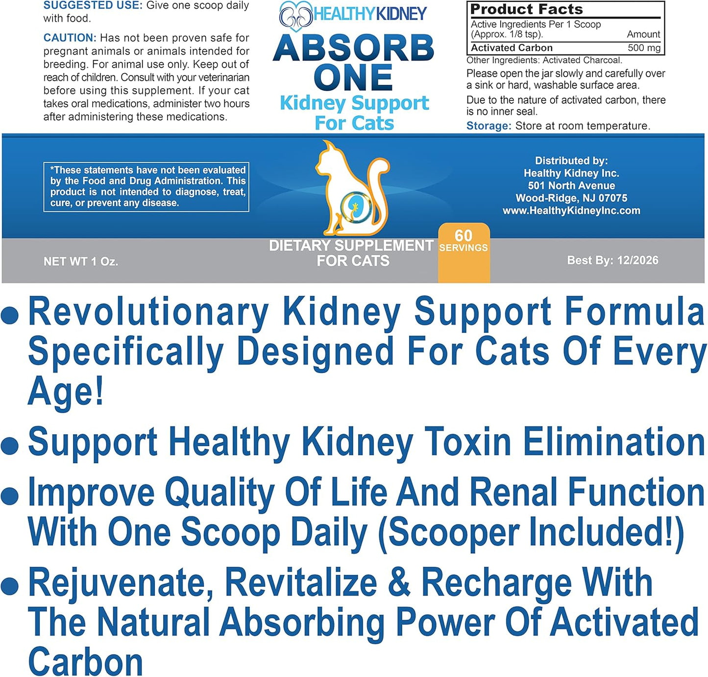 Natural Kidney Support Supplement for Cats - Vet-Formulated Feline Kidney Cleanse for Normal Kidney Function. Compatible with Any Cat Diet. 60 Servings of 1/8 TSP per Day.