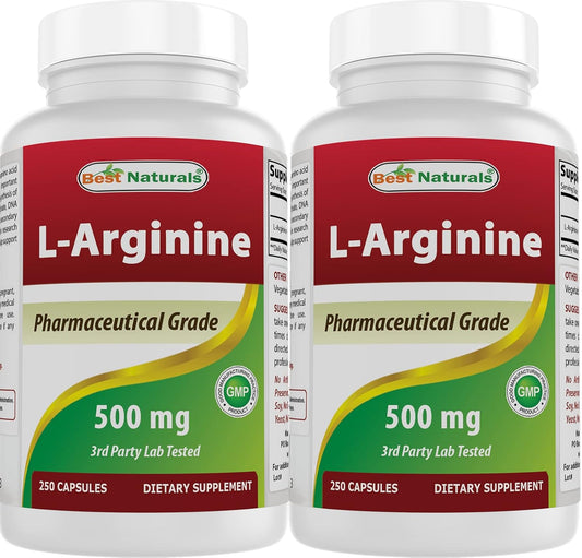 Natural L-Arginine 500mg Supplement - 500 Capsules Bulk Pack - Top Quality Formula for Performance Boost