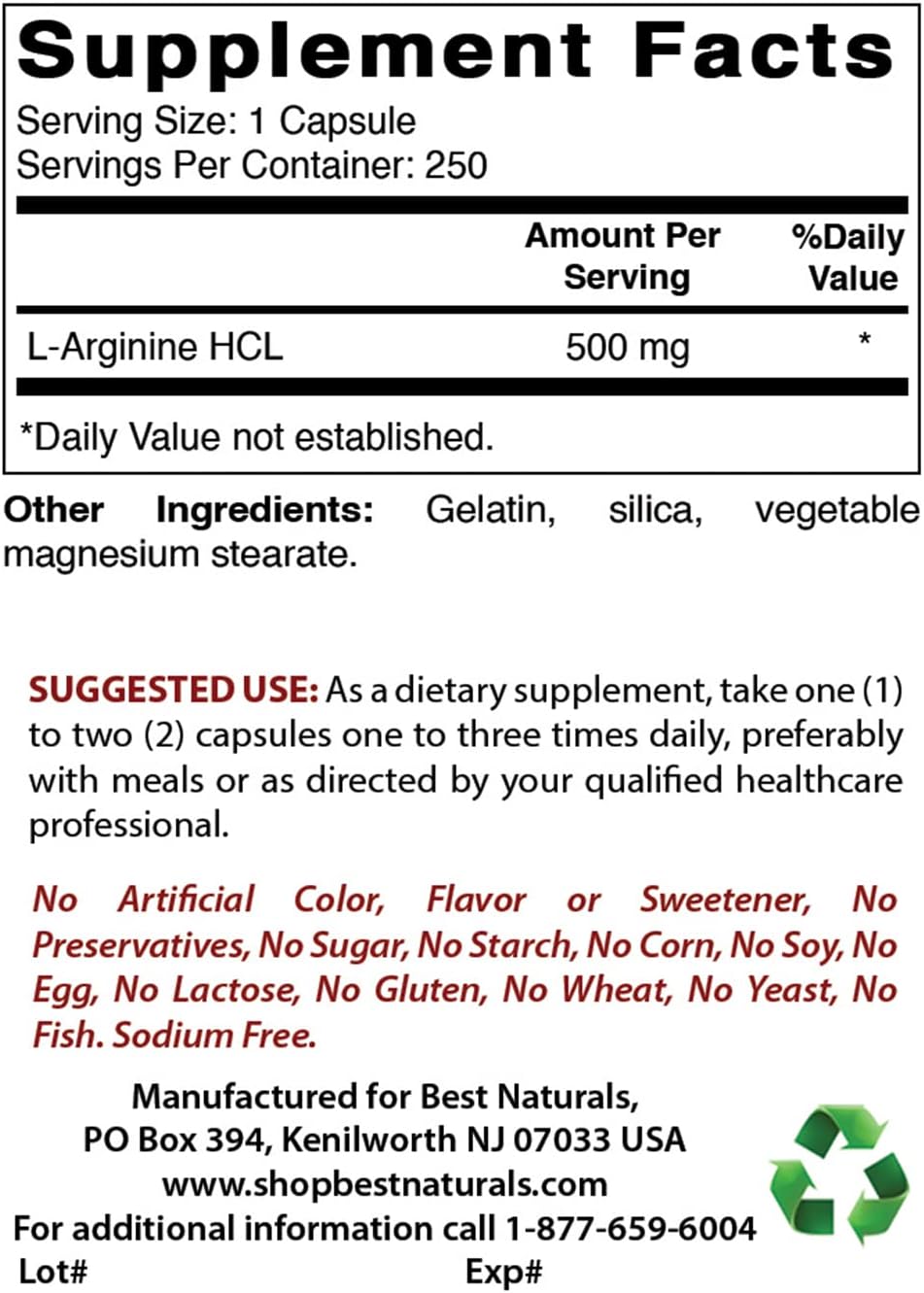 Natural L-Arginine 500mg Supplement - 500 Capsules Bulk Pack - Top Quality Formula for Performance Boost
