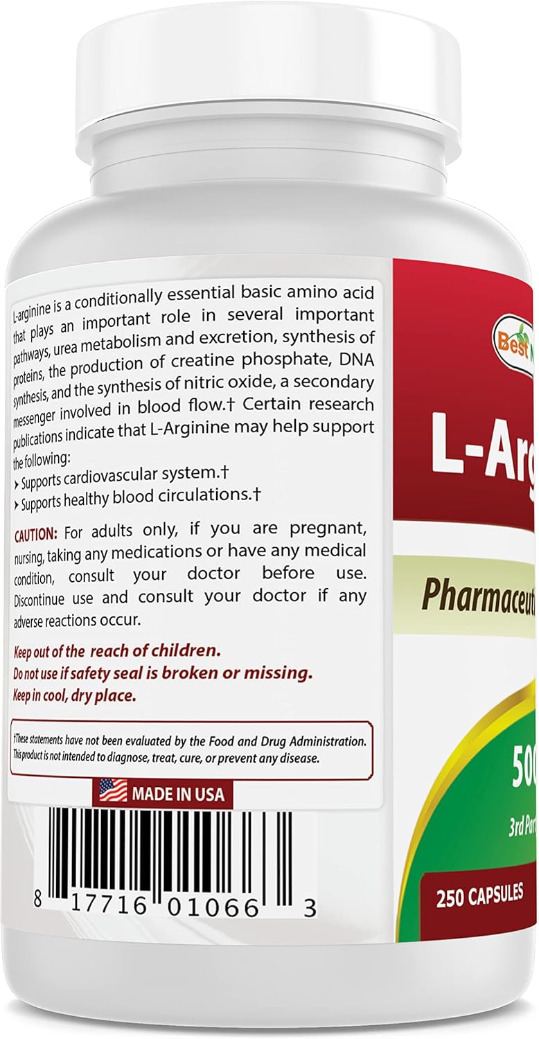 Natural L-Arginine 500mg Supplement - 500 Capsules Bulk Pack - Top Quality Formula for Performance Boost