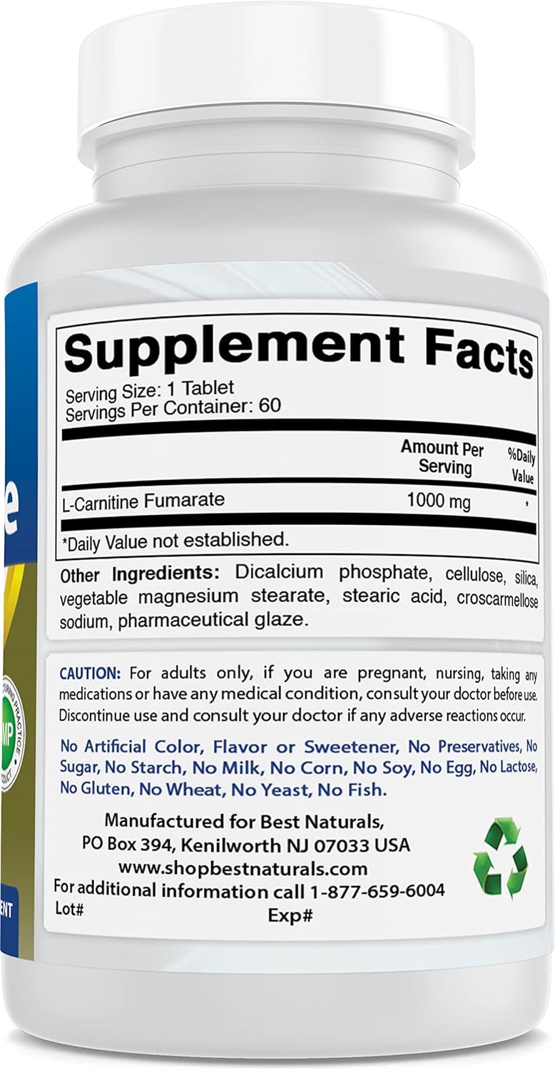 Natural L-Carnitine 1000mg Tablets - Pack of 2 (60 Count Each) - Top Quality Supplement for Energy Boost and Weight Management