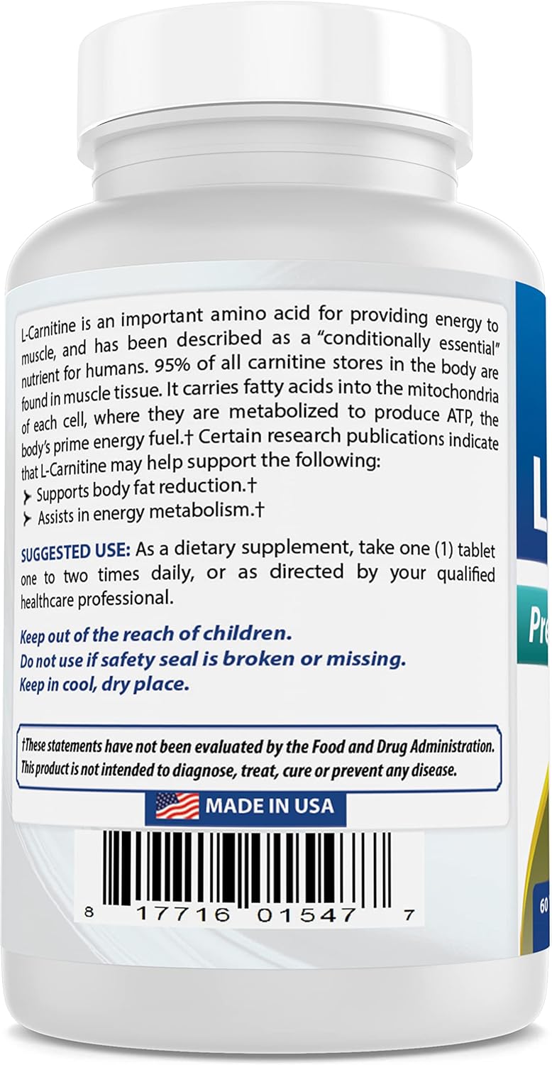 Natural L-Carnitine 1000mg Tablets - Pack of 2 (60 Count Each) - Top Quality Supplement for Energy Boost and Weight Management