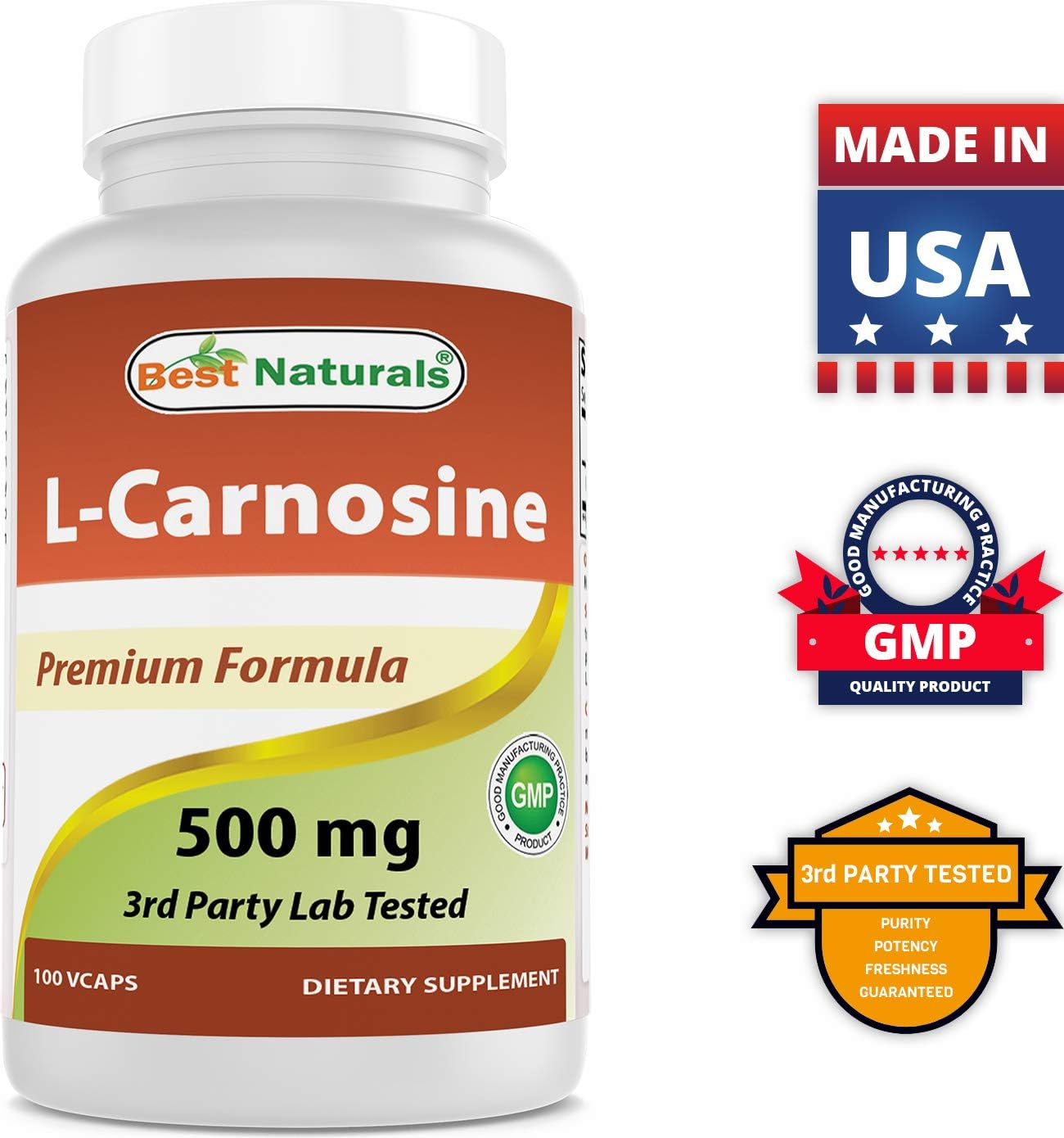 Natural L-Carnosine 500 mg - 200 Vcaps - Pack of 2 - Premium Quality Supplement