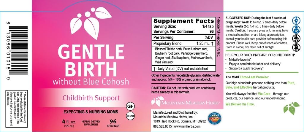 Natural Labor Preparation: Mountain Meadow Herbs Gentle Birth 4oz Liquid Herbal Extract - Support for Childbirth Without Blue Cohosh