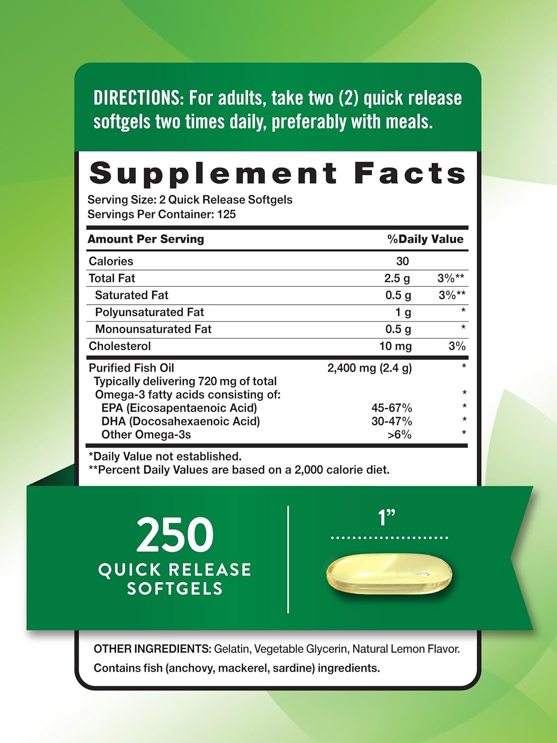 Natural Lemon Flavor Fish Oil Softgels | 2400mg Omega 3 | 250 Pills | Non-GMO & Gluten Free Supplement
