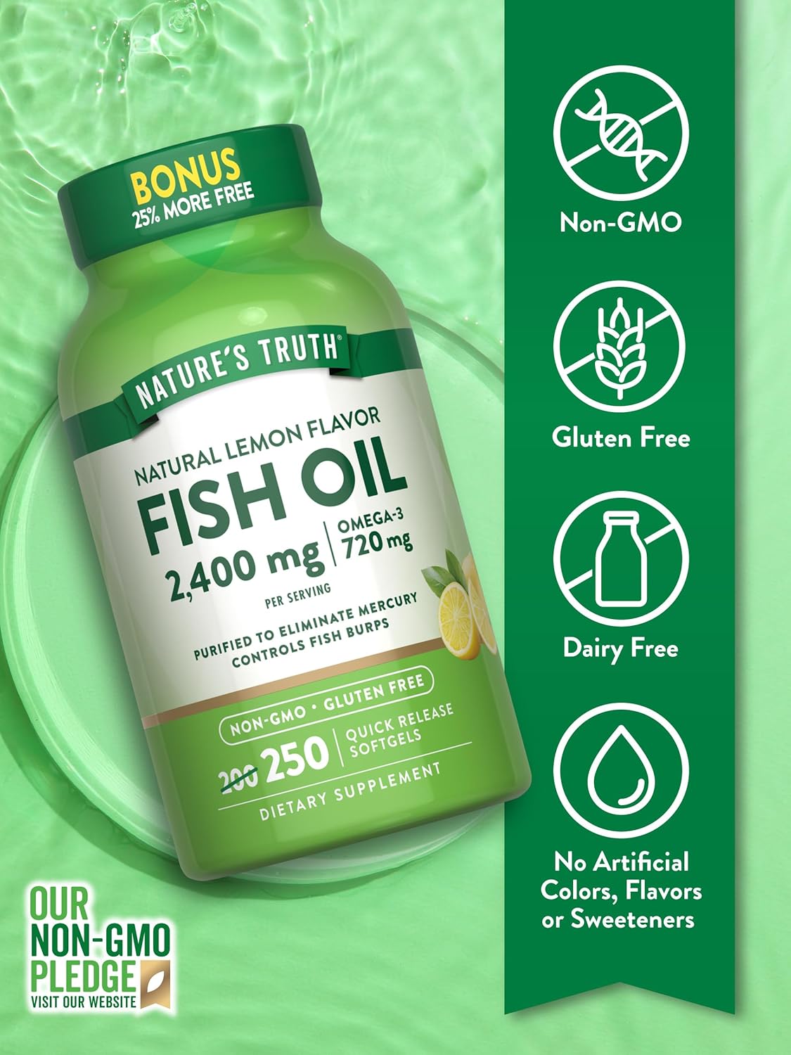 Natural Lemon Flavor Fish Oil Softgels | 2400mg Omega 3 | 250 Pills | Non-GMO & Gluten Free Supplement