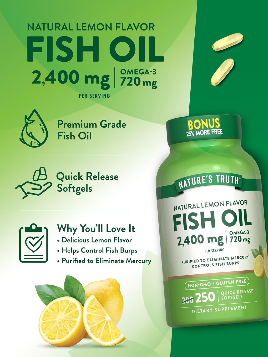 Natural Lemon Flavor Fish Oil Softgels | 2400mg Omega 3 | 250 Pills | Non-GMO & Gluten Free Supplement