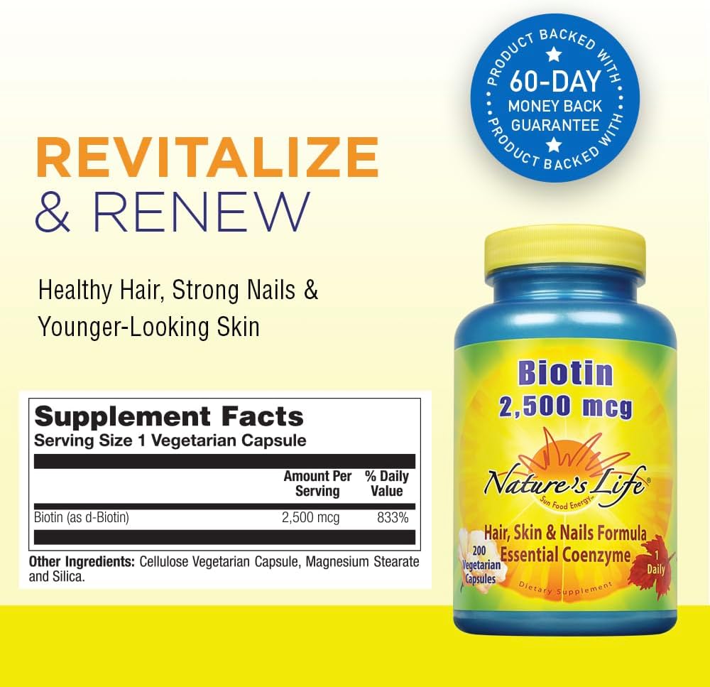 Natural Life Biotin Supplement 2500mcg for Hair, Skin, Nails & Metabolism - Non-GMO - 200 Veg Caps