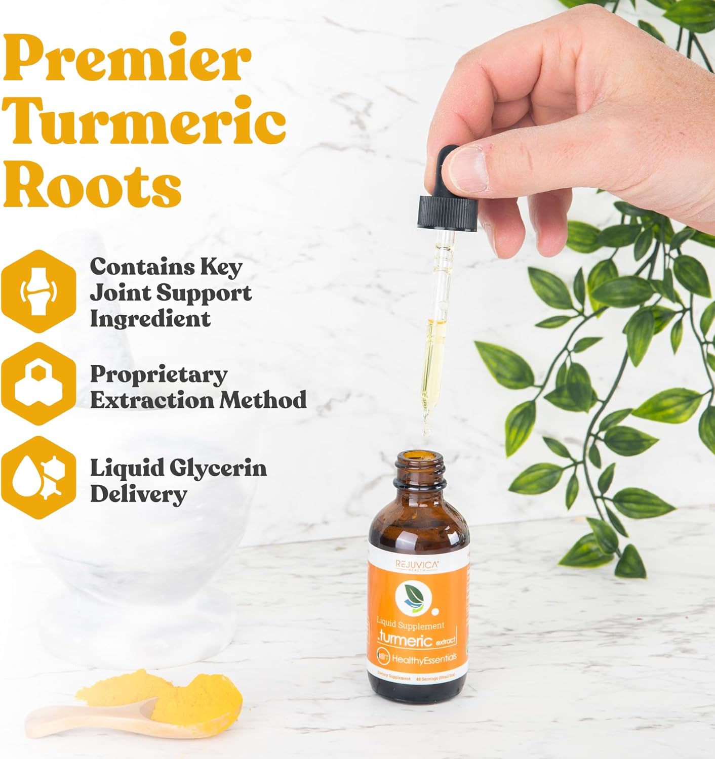 Natural Liquid Turmeric Root Extract with Curcumin for Joint Health - Rejuvica Health Healthy Essentials - Enhanced Absorption Formula