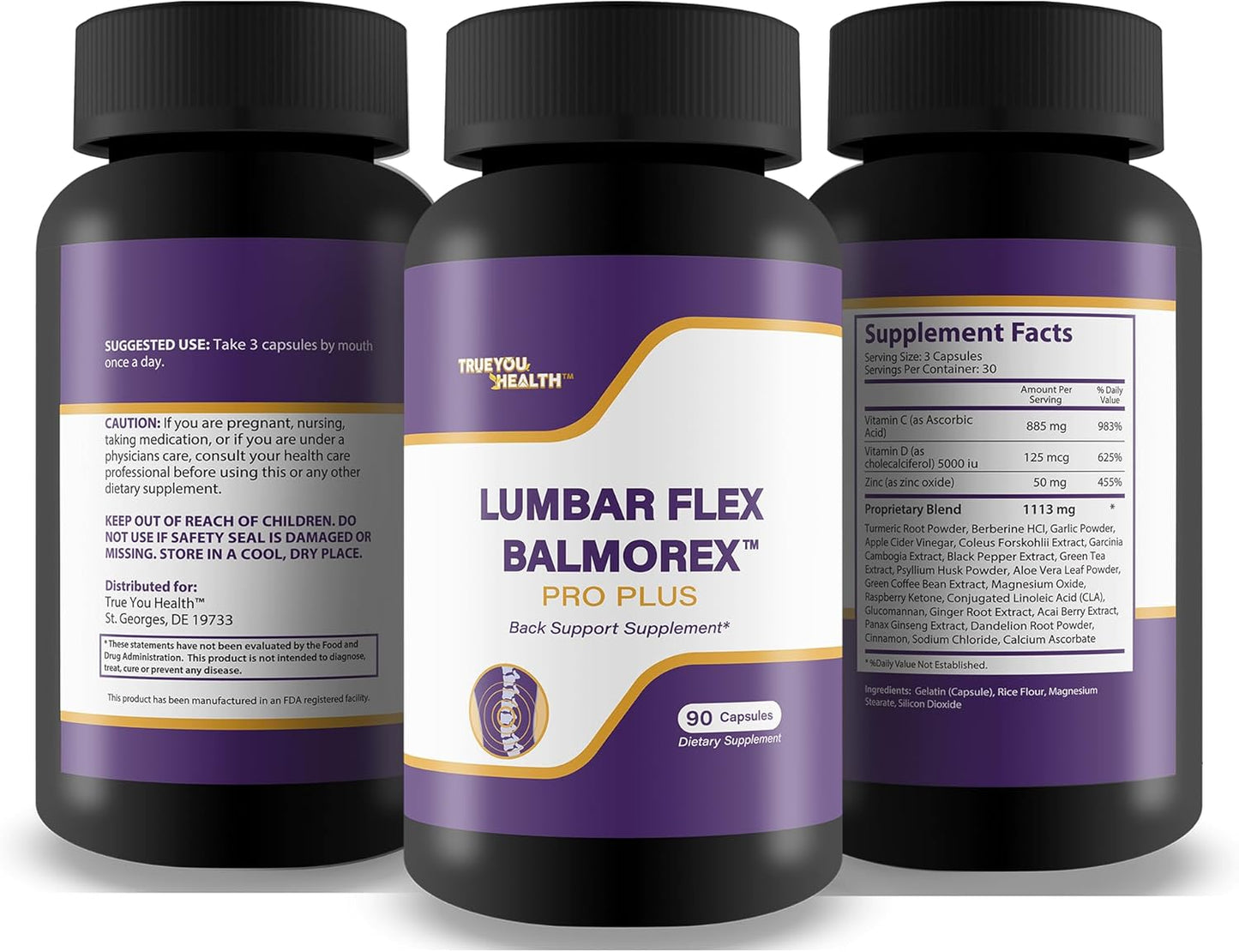 Natural Lumbar Flex Pro Plus Supplement for Lower Back Support - Best Back Pills for Stiffness and Aches - True You Health Balmorex Formula