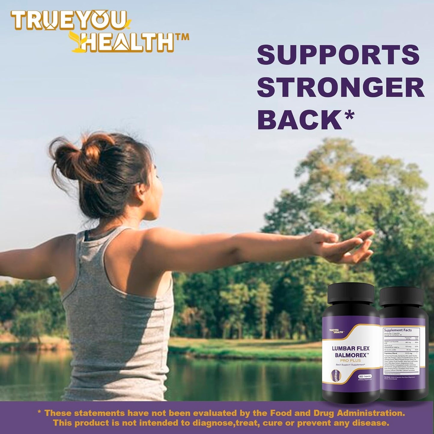 Natural Lumbar Flex Pro Plus Supplement for Lower Back Support - Best Back Pills for Stiffness and Aches - True You Health Balmorex Formula