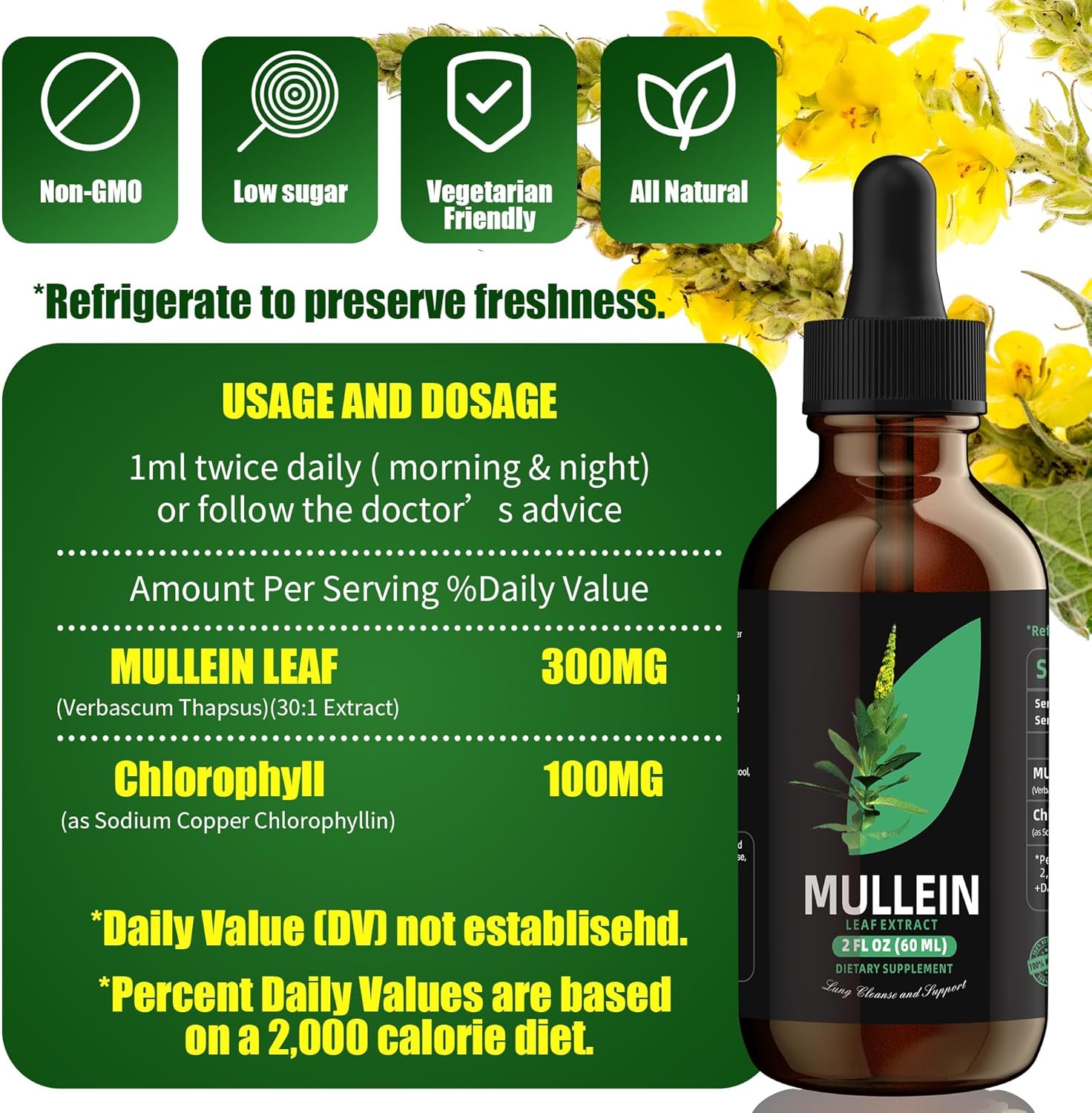 Natural Lung Cleanse & Respiratory Support Tincture Drops - Chlorophyll & Mullein Leaf Extract for Healthy Breathing - Non-GMO & Vegetarian - 1 Month Supply