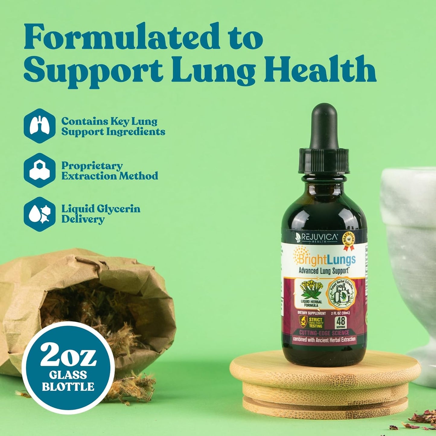 Natural Lung Detox Support Supplement for Respiratory Health with Grindelia, Lobelia, Licorice, Wild Cherry - Rejuvica Health Bright Lungs